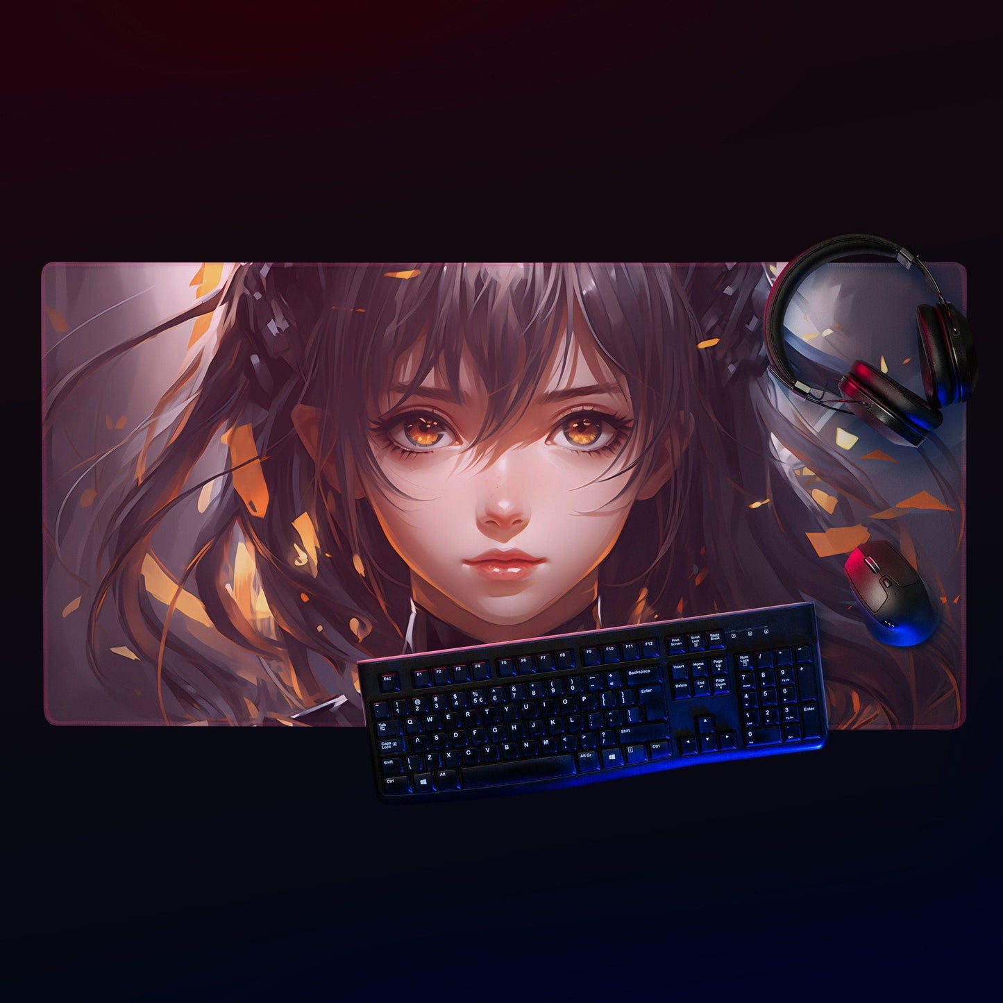 Black Hair Anime Girl with Golden Sparkles Gaming Mousepad | Desk Mat | Large Mouse Pad - Raiden Gate Design