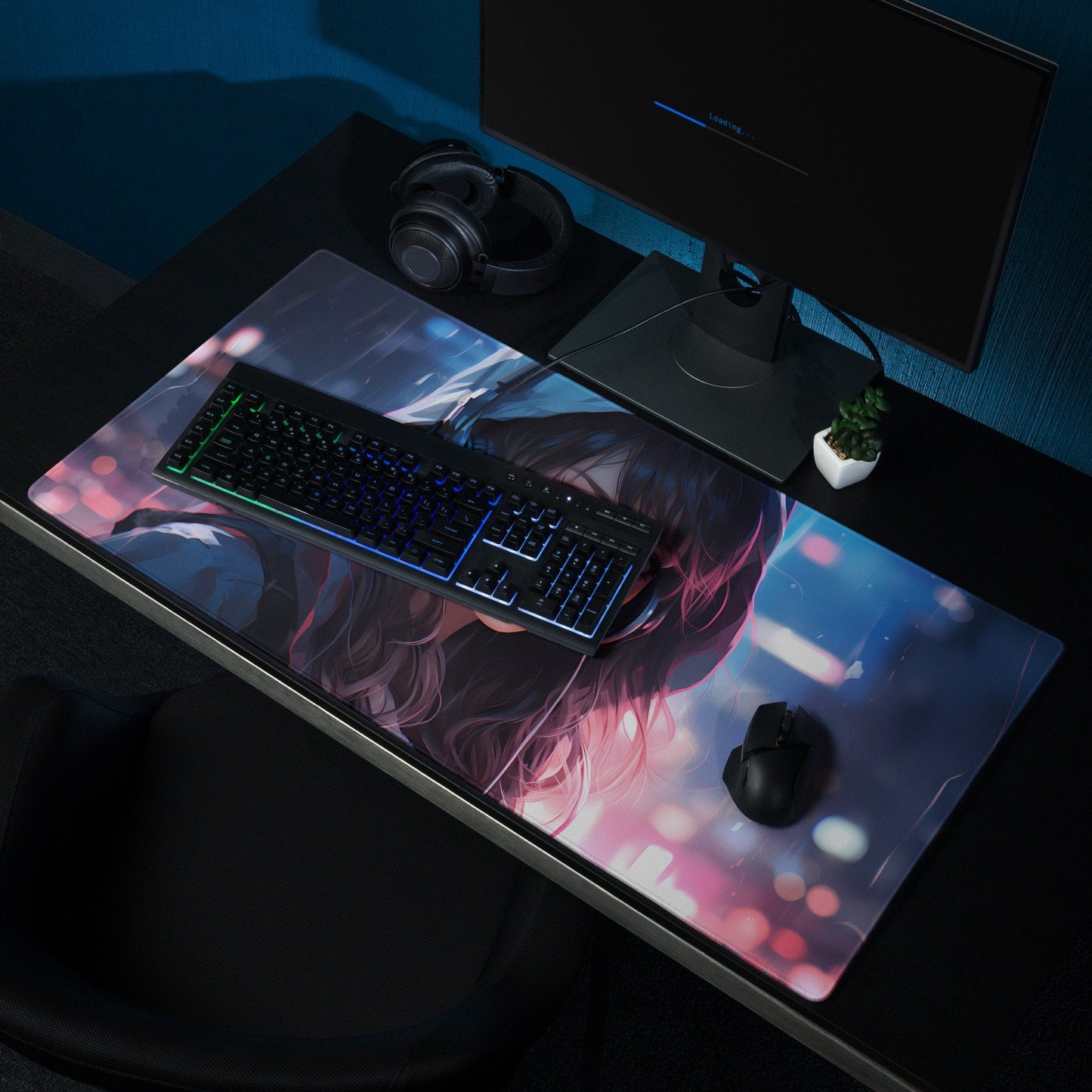 Black Hair Anime Girl with Headphones Gaming Mousepad | Desk Mat | Large Mouse Pad - Raiden Gate Design