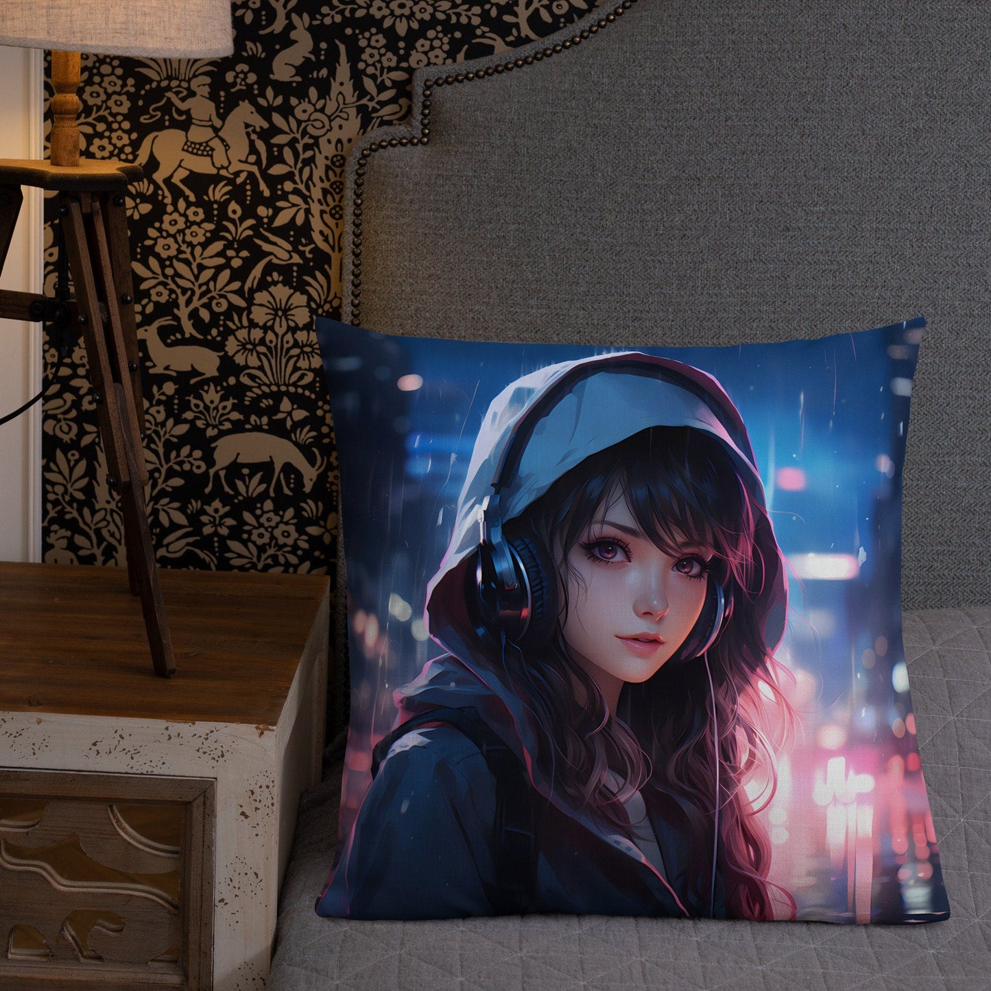 Black Hair Girl with Headphones | Anime Pillow | Kawaii Pillow | Decorative Pillow | Throw Pillow - Raiden Gate Design