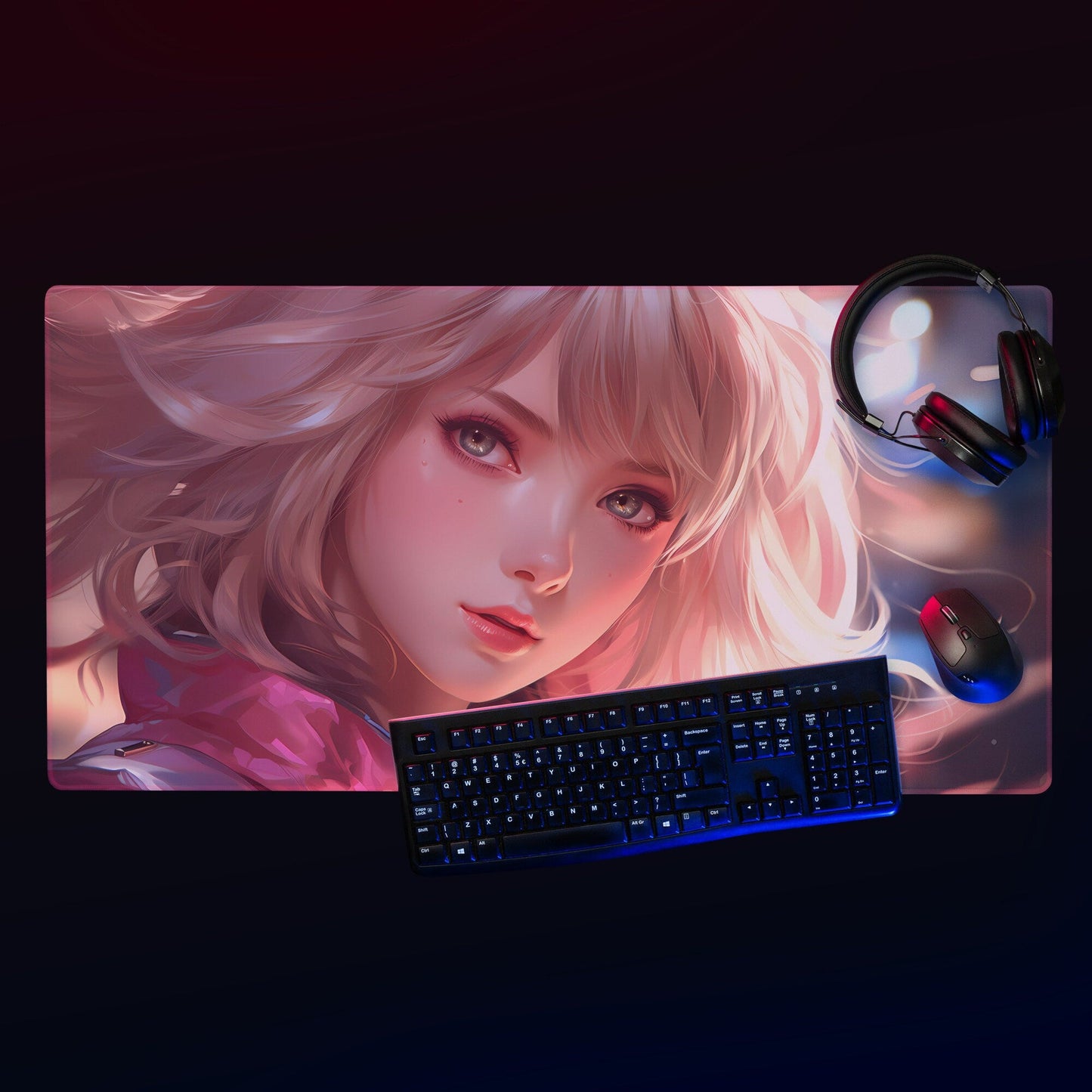 Blond Hair Anime Girl in Wind Gaming Mousepad | Desk Mat | Large Mouse Pad - Raiden Gate Design