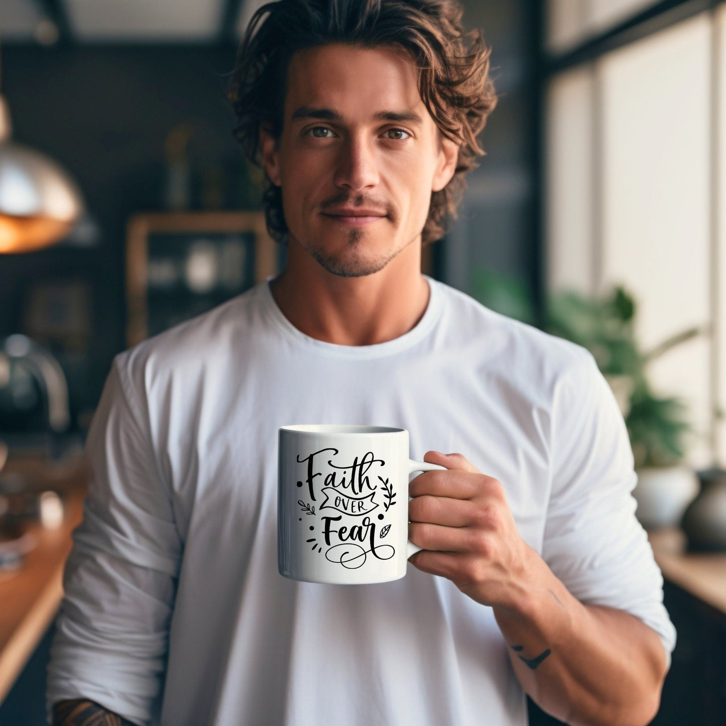 Faith Over Fear - Bible Verse Faith Coffee Mug - Christian Religious Gift for Him - Dad Mug with Affirmations - Supportive Baptism Gift - Raiden Gate Design
