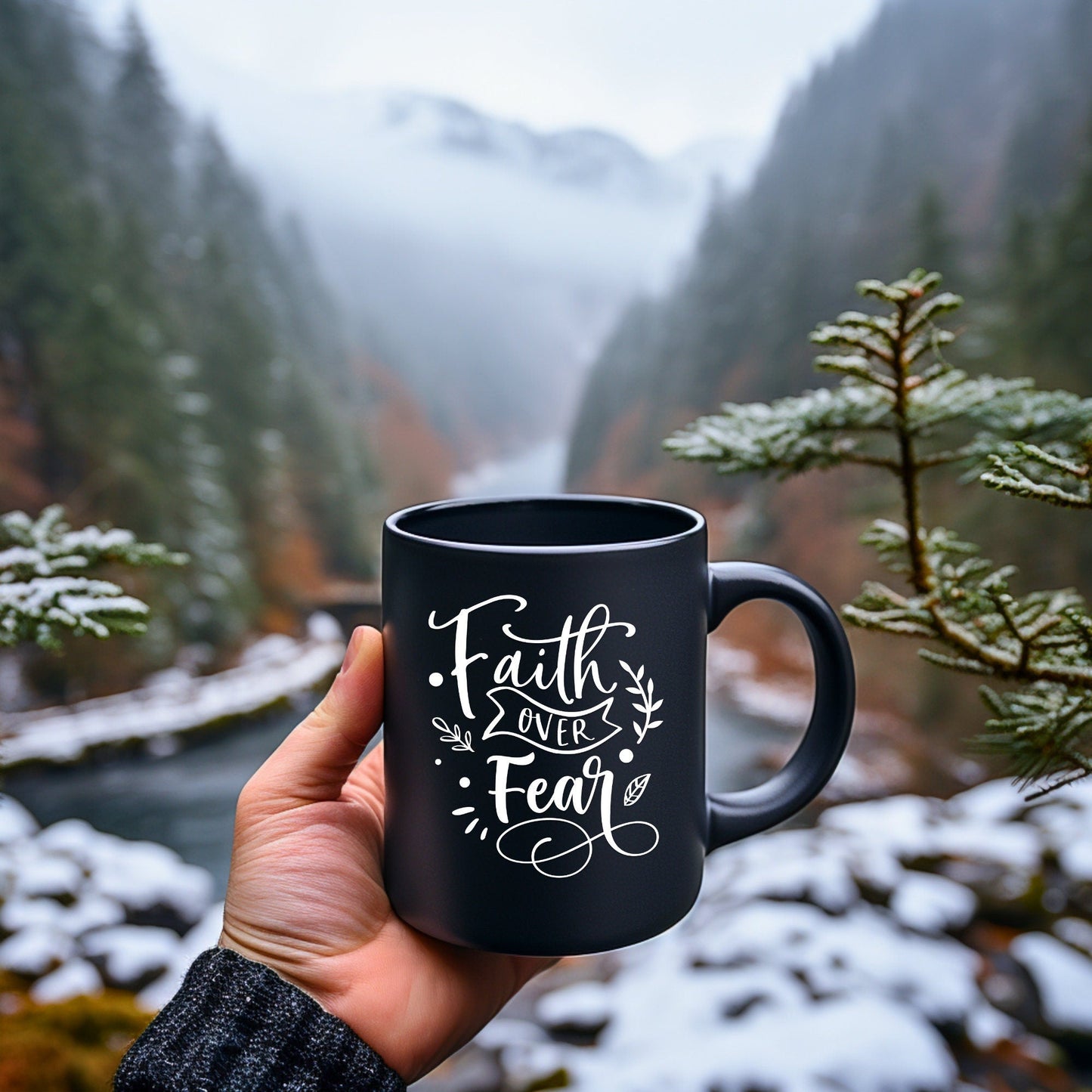 Faith Over Fear - Bible Verse Faith Coffee Mug - Christian Religious Gift for Him - Dad Mug with Affirmations - Supportive Baptism Gift - Raiden Gate Design