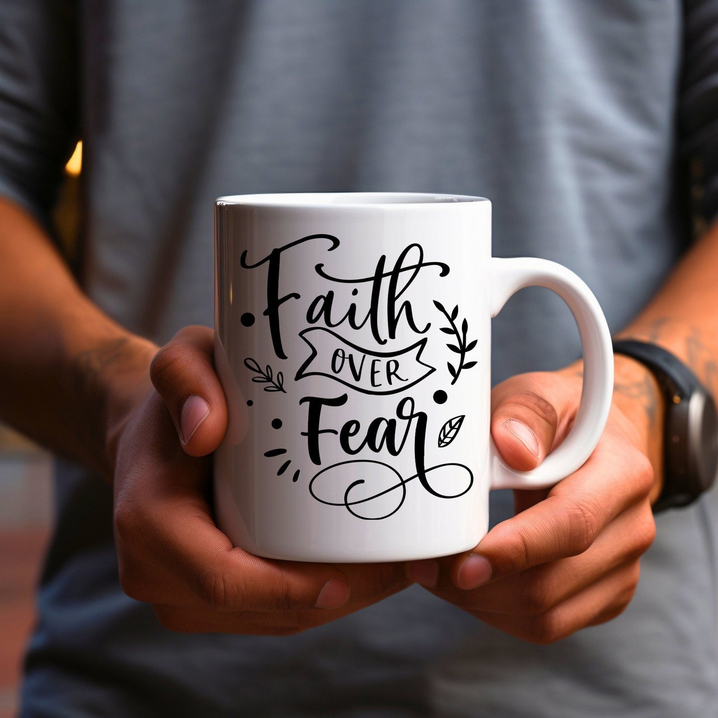 Faith Over Fear - Bible Verse Faith Coffee Mug - Christian Religious Gift for Him - Dad Mug with Affirmations - Supportive Baptism Gift - Raiden Gate Design