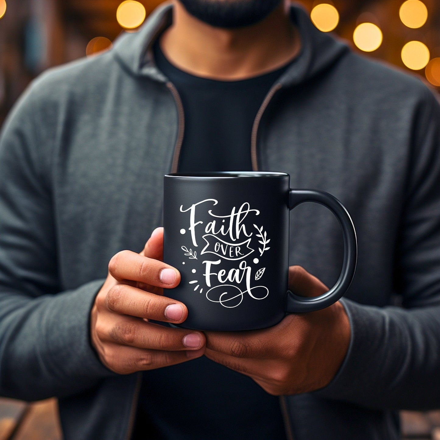 Faith Over Fear - Bible Verse Faith Coffee Mug - Christian Religious Gift for Him - Dad Mug with Affirmations - Supportive Baptism Gift - Raiden Gate Design