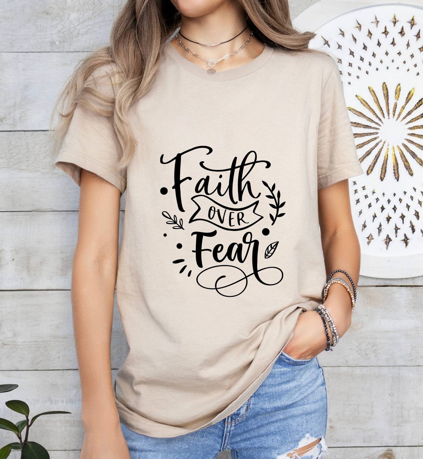 Faith over Fear Catholic Boho Church Shirt with Inspirational Bible Verse - Jesus Faith Religious - Raiden Gate Design