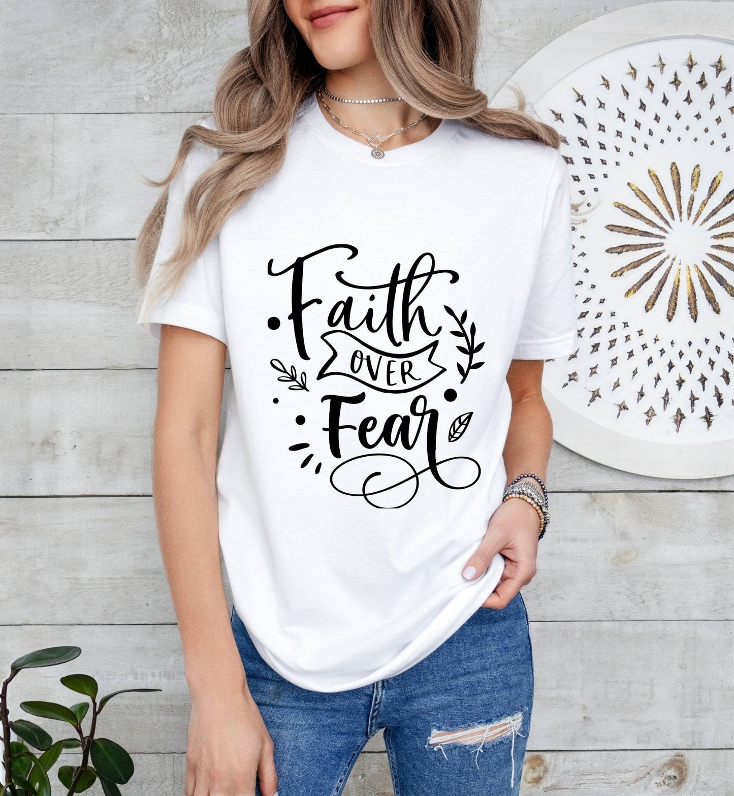 Faith over Fear Catholic Boho Church Shirt with Inspirational Bible Verse - Jesus Faith Religious - Raiden Gate Design