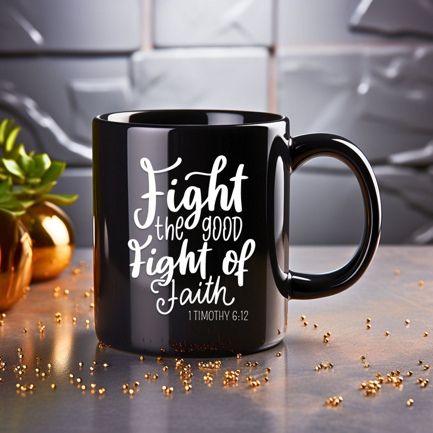 Fight the Good Fight of Faith - Bible Verse Faith Coffee Mug - Christian Religious - Dad Mug with Affirmations - Supportive Baptism Gift - Raiden Gate Design