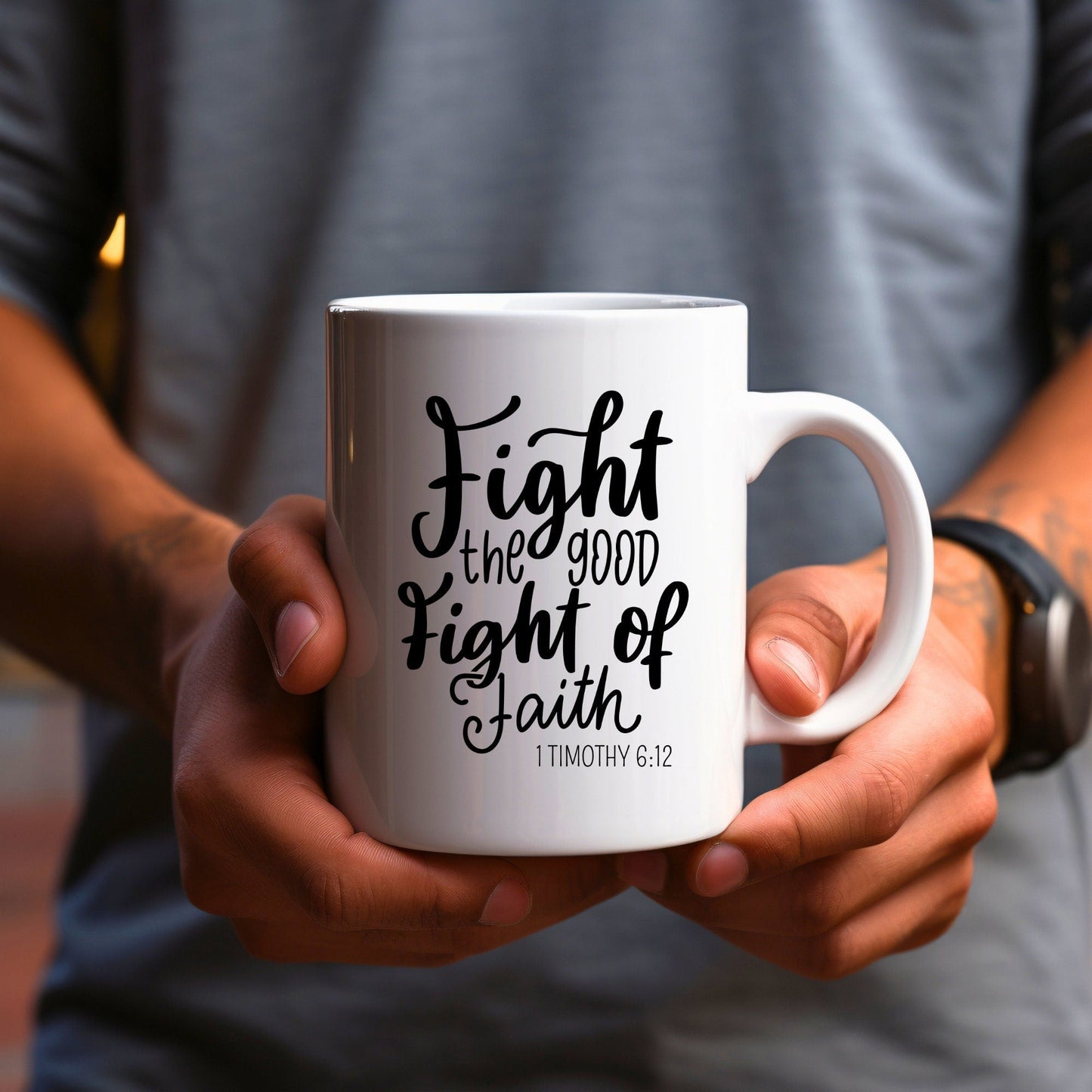 Fight the Good Fight of Faith - Bible Verse Faith Coffee Mug - Christian Religious - Dad Mug with Affirmations - Supportive Baptism Gift - Raiden Gate Design