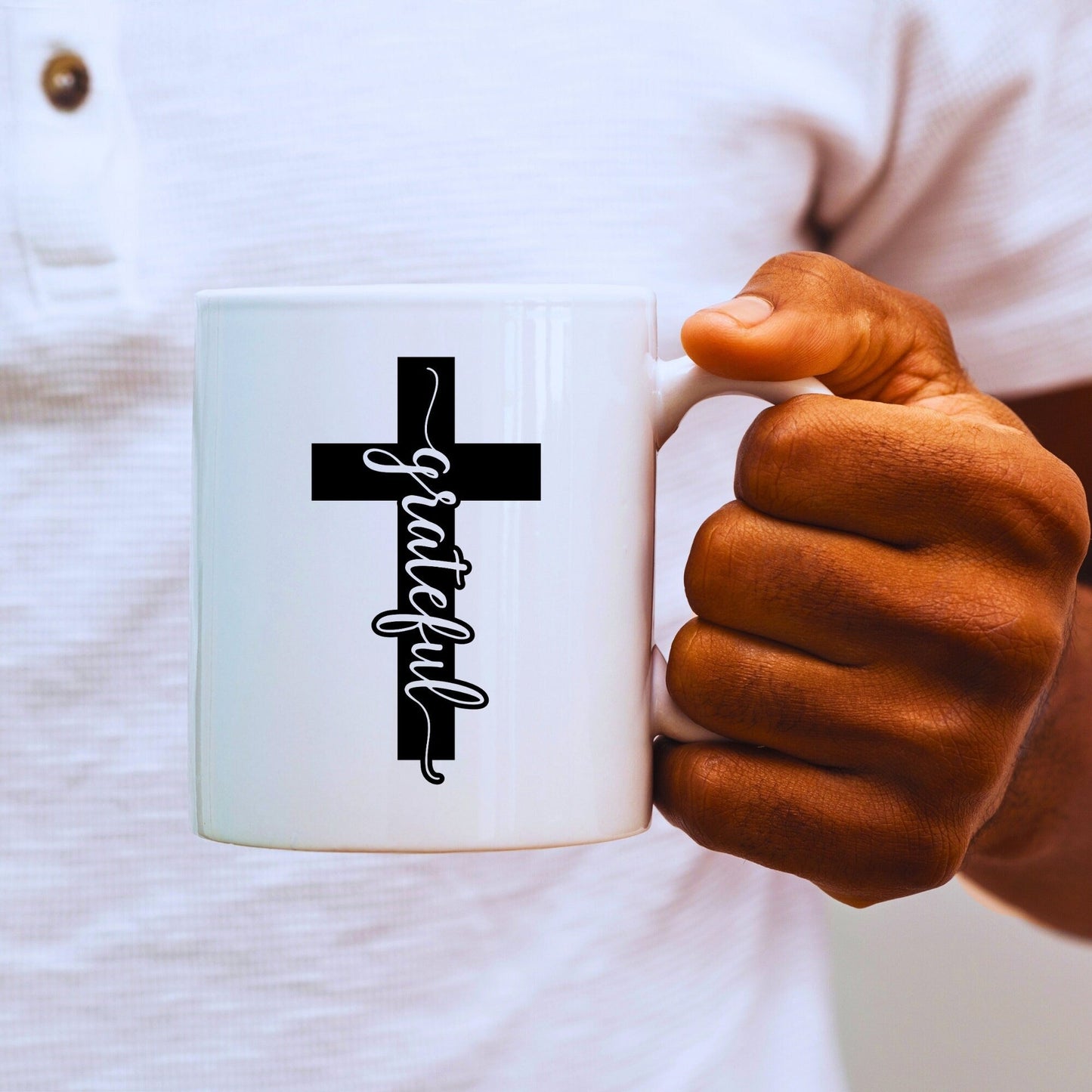 Grateful Cross (solid) - Bible Verse Faith Mug - Christian Religious Gift for Him - Dad Mug with Affirmations - Supportive Baptism Gift - Raiden Gate Design