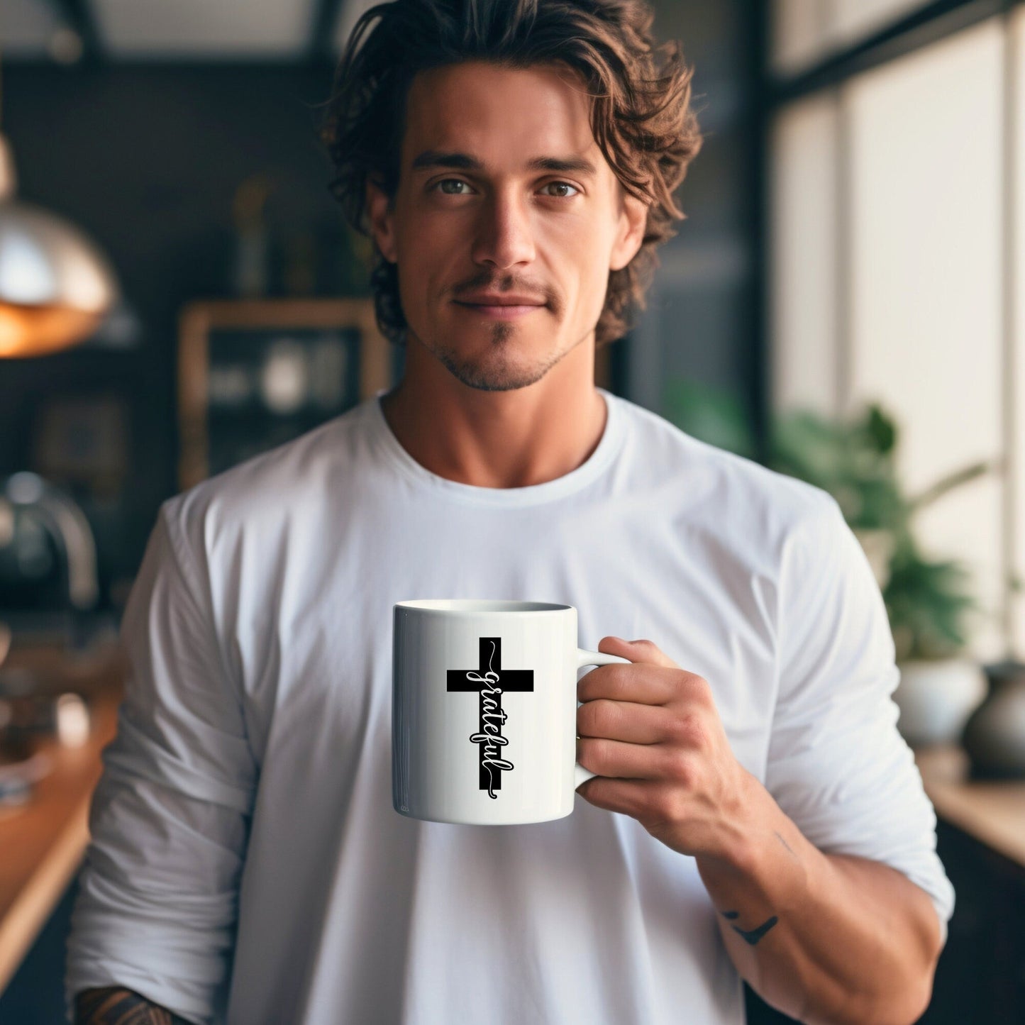 Grateful Cross (solid) - Bible Verse Faith Mug - Christian Religious Gift for Him - Dad Mug with Affirmations - Supportive Baptism Gift - Raiden Gate Design