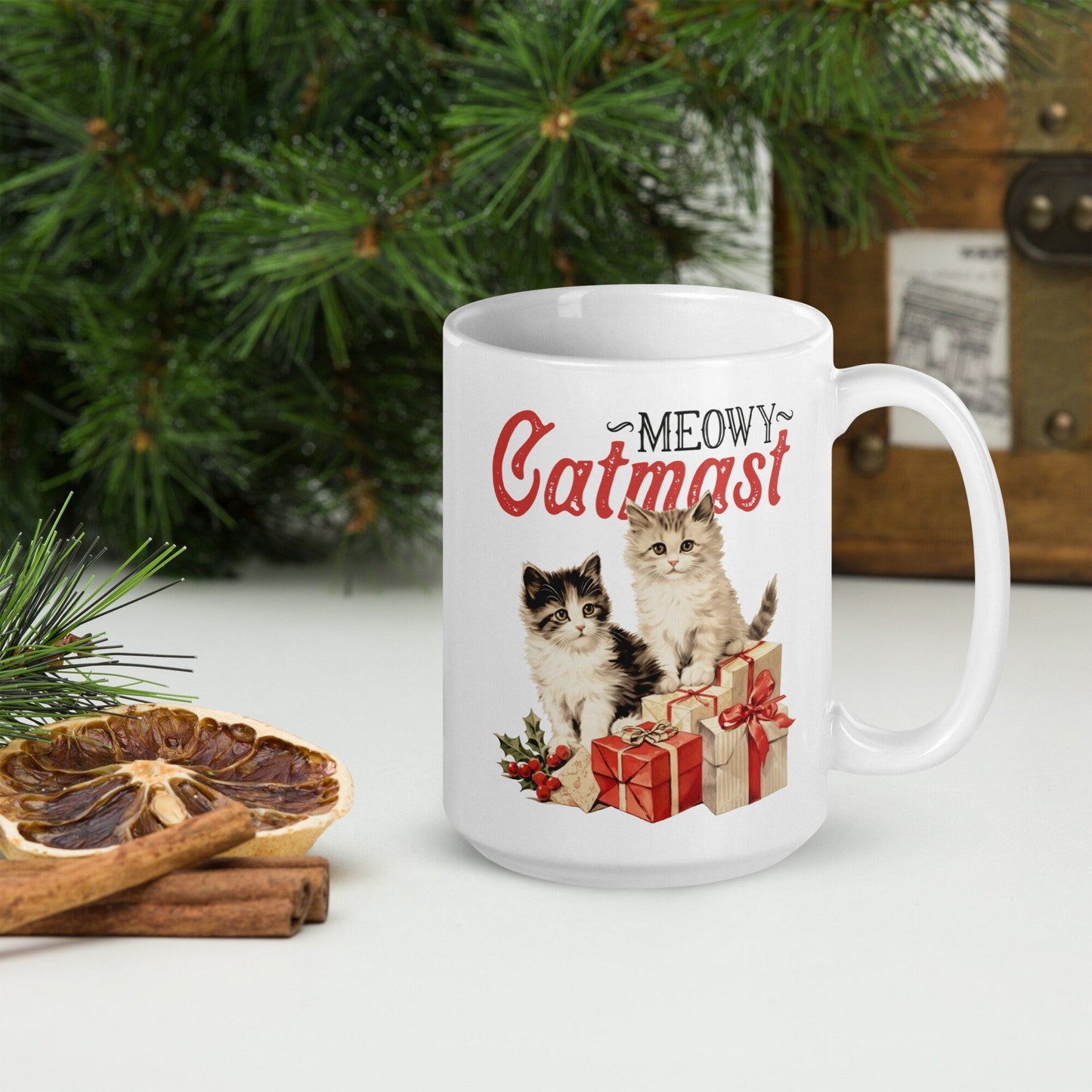 Meowy Catmast Cat Vintage Christmas Coffee Mug | Funny Gnome Christmas Mug | Cute Christmas Season Mug for Kids - Raiden Gate Design