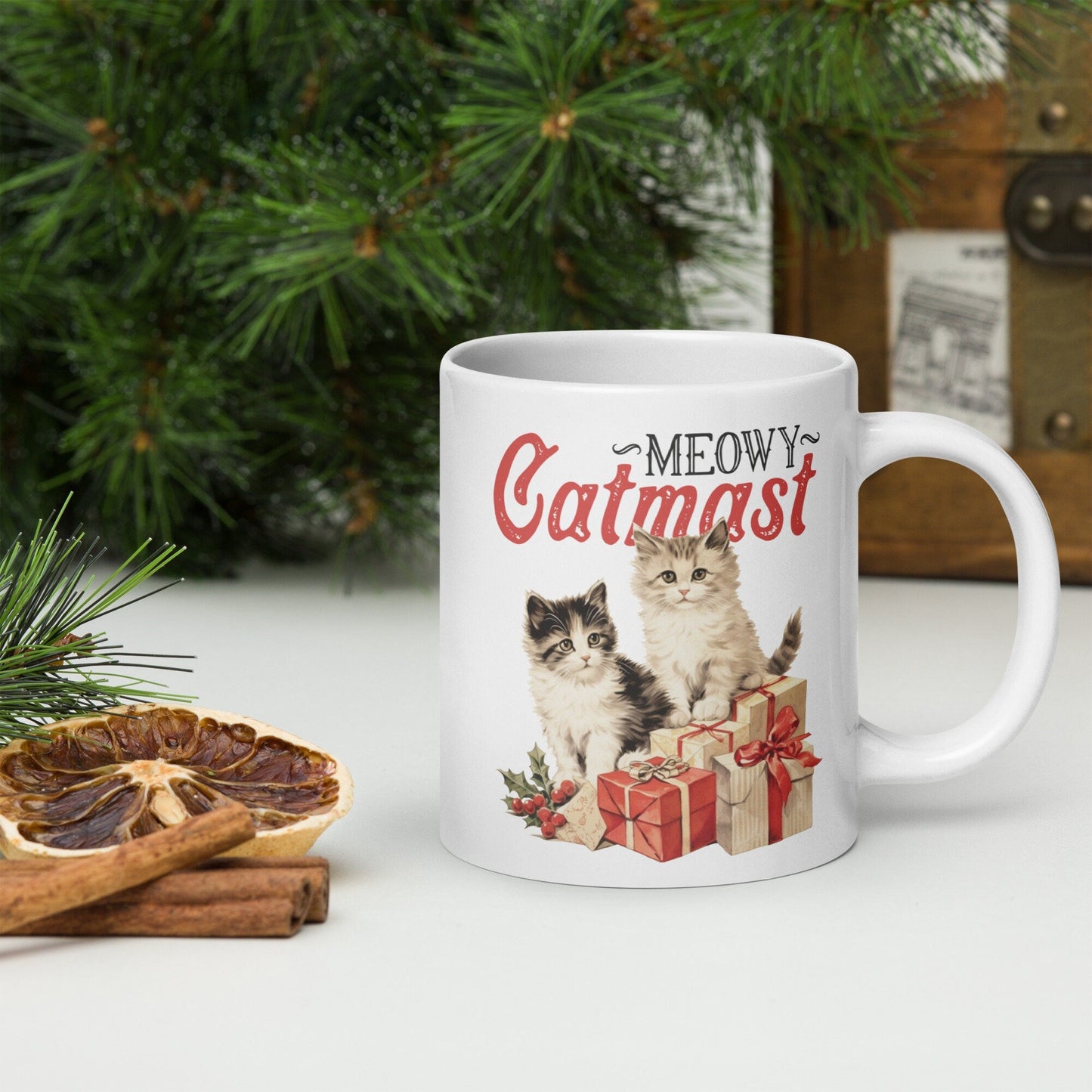 Meowy Catmast Cat Vintage Christmas Coffee Mug | Funny Gnome Christmas Mug | Cute Christmas Season Mug for Kids - Raiden Gate Design