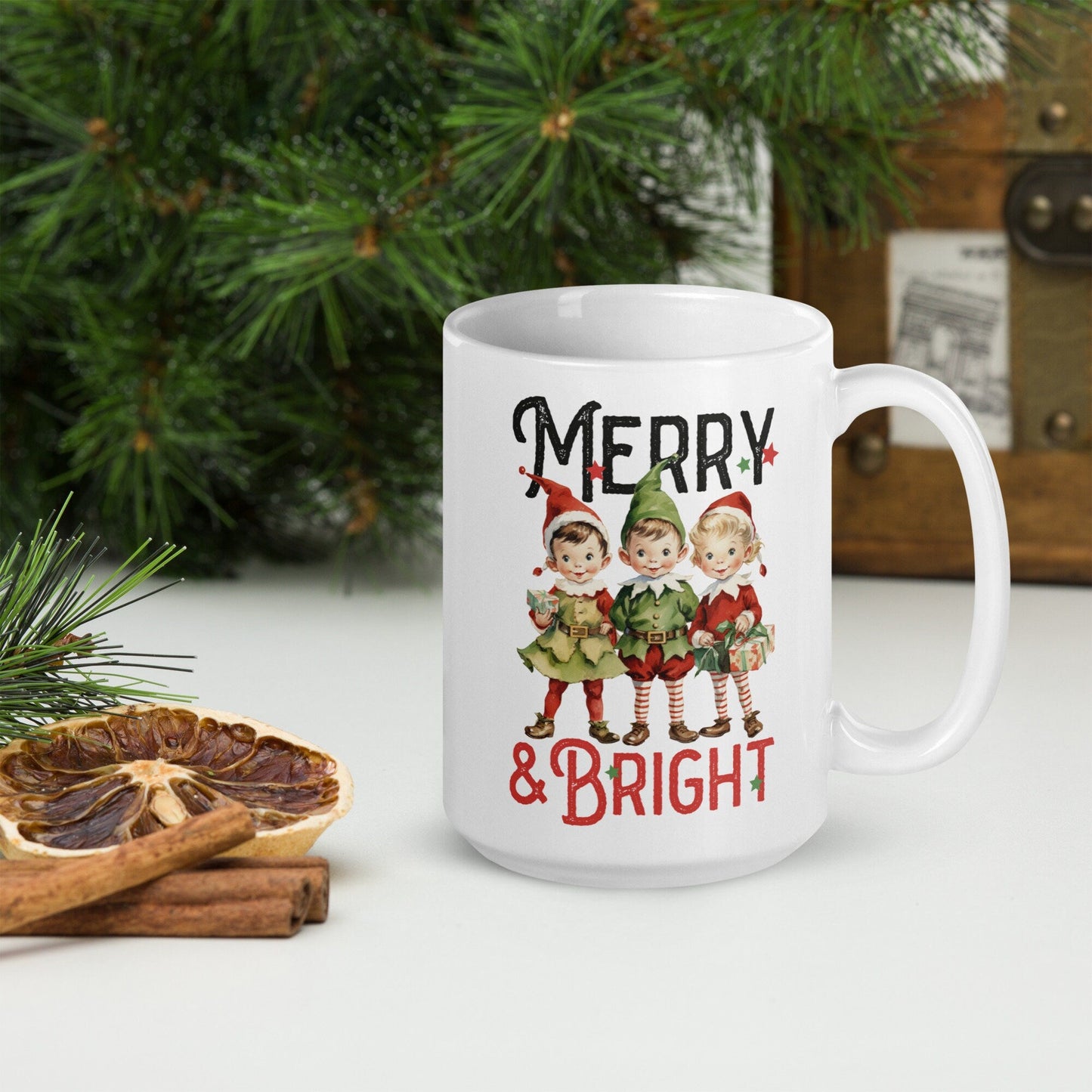 Merry and Bright Christmas Vintage Christmas Coffee Mug | Funny Gnome Christmas Mug | Cute Christmas Season Mug for Kids - Raiden Gate Design