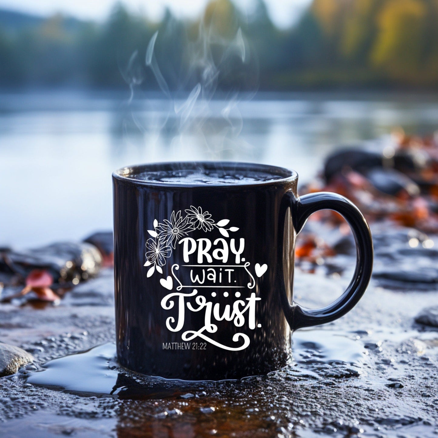 Pray Wait Trust Mug - Bible Verse Faith Coffee Mug - Christian Religious Gift for Him - Dad Mug with Affirmations - Supportive Baptism Gift - Raiden Gate Design