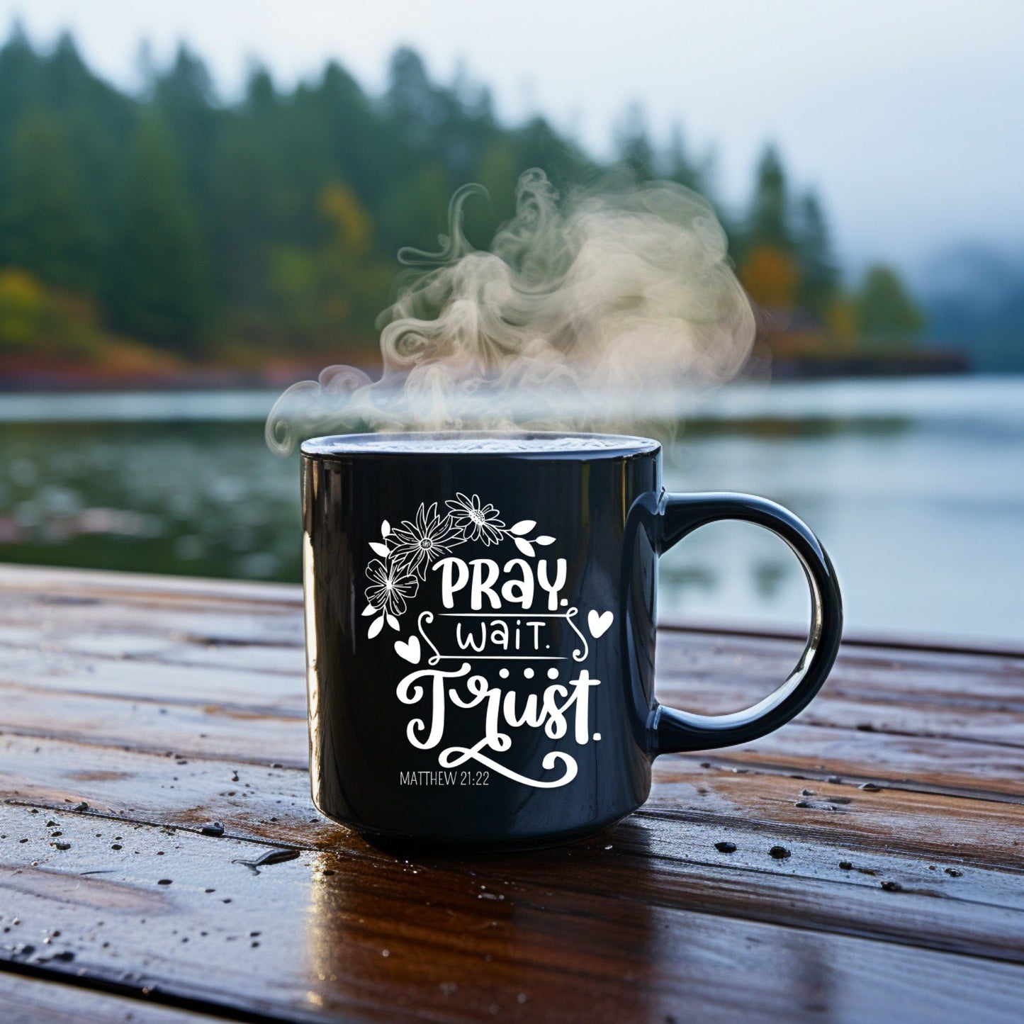Pray Wait Trust Mug - Bible Verse Faith Coffee Mug - Christian Religious Gift for Him - Dad Mug with Affirmations - Supportive Baptism Gift - Raiden Gate Design