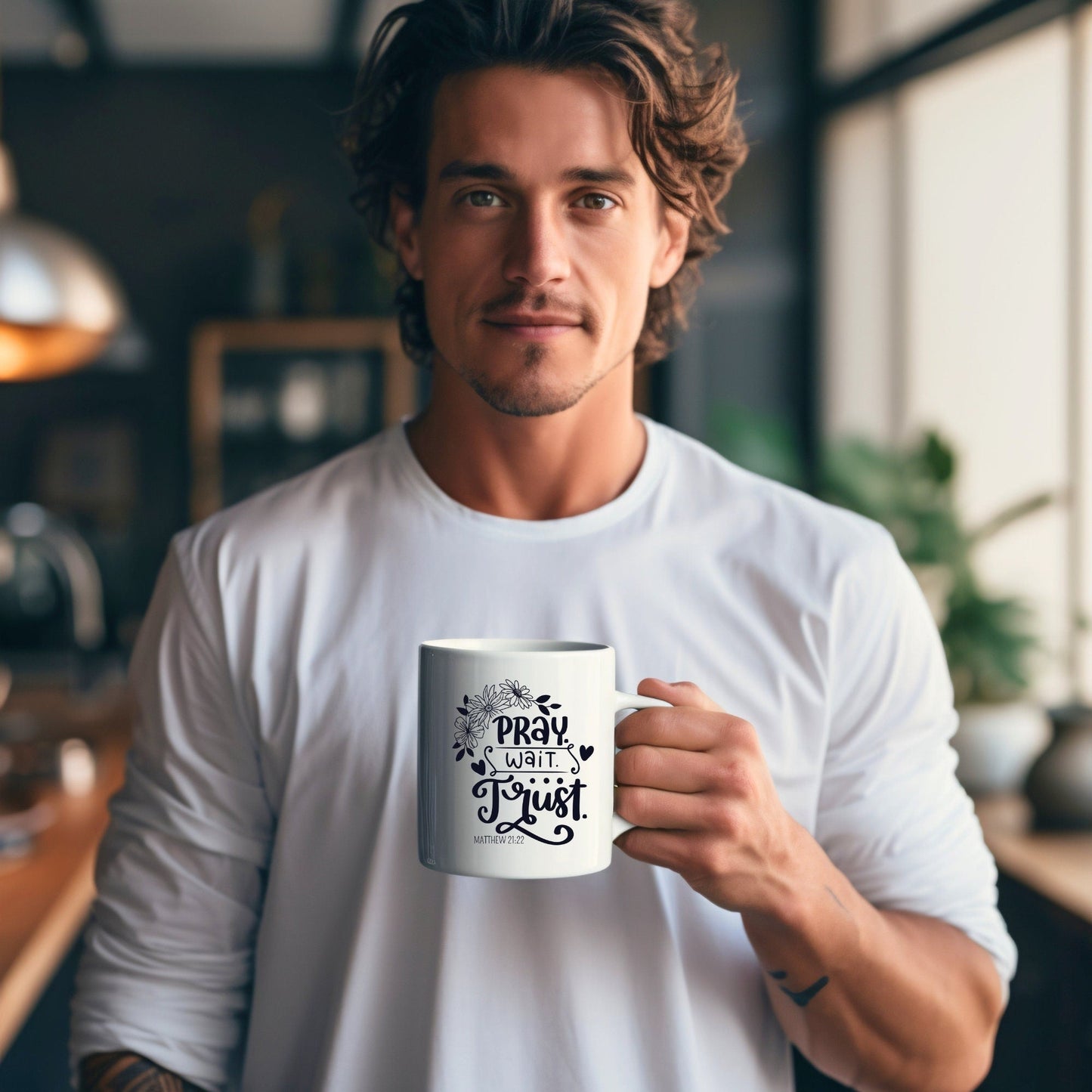 Pray Wait Trust Mug - Bible Verse Faith Coffee Mug - Christian Religious Gift for Him - Dad Mug with Affirmations - Supportive Baptism Gift - Raiden Gate Design