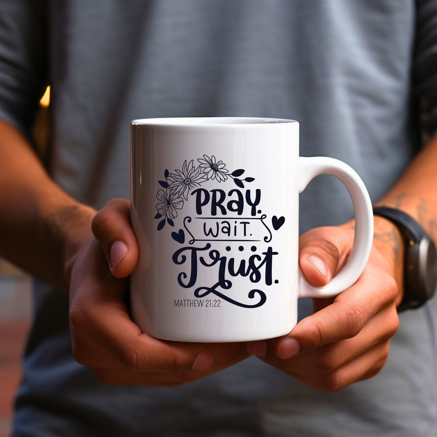 Pray Wait Trust Mug - Bible Verse Faith Coffee Mug - Christian Religious Gift for Him - Dad Mug with Affirmations - Supportive Baptism Gift - Raiden Gate Design