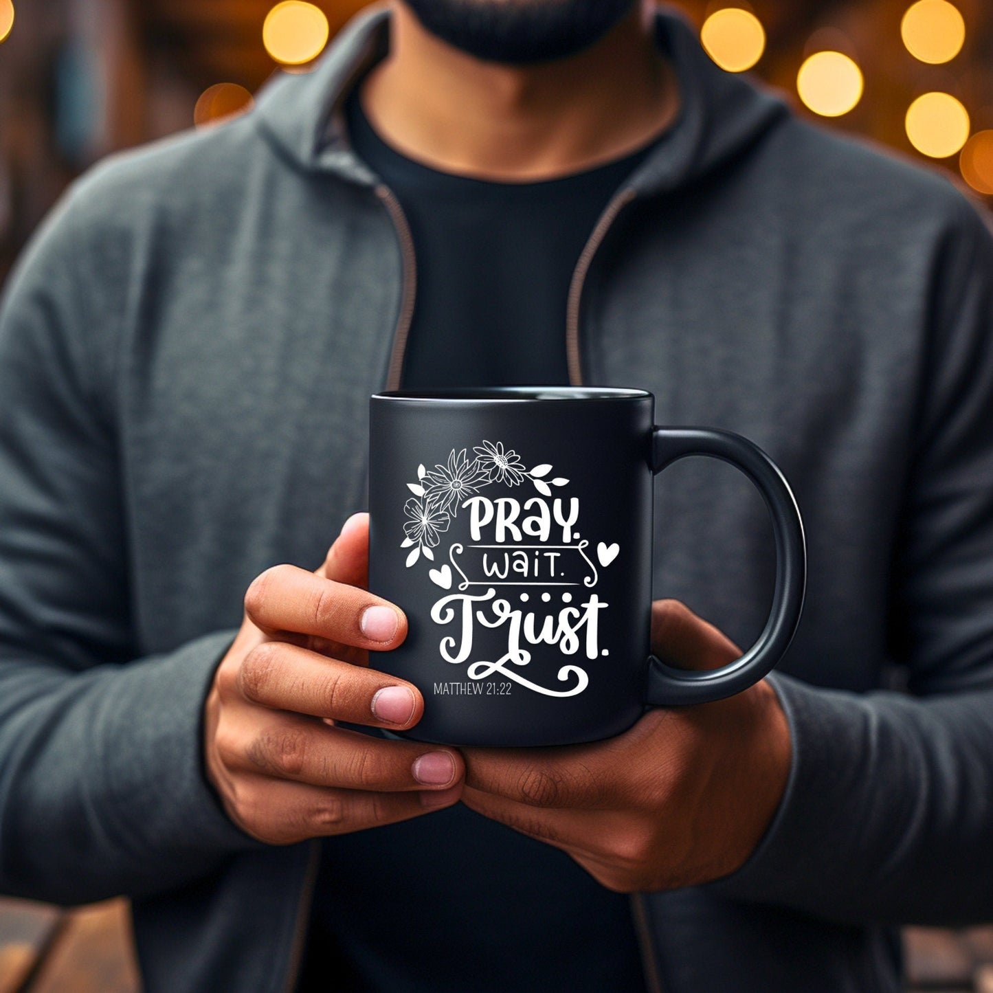 Pray Wait Trust Mug - Bible Verse Faith Coffee Mug - Christian Religious Gift for Him - Dad Mug with Affirmations - Supportive Baptism Gift - Raiden Gate Design