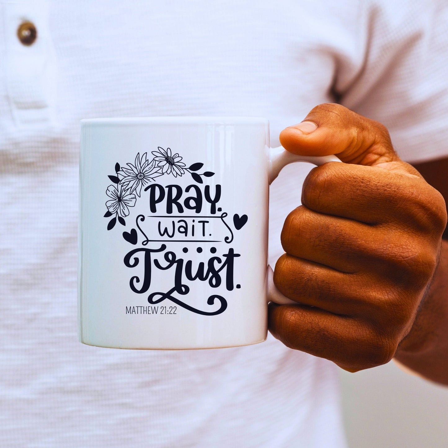 Pray Wait Trust Mug - Bible Verse Faith Coffee Mug - Christian Religious Gift for Him - Dad Mug with Affirmations - Supportive Baptism Gift - Raiden Gate Design
