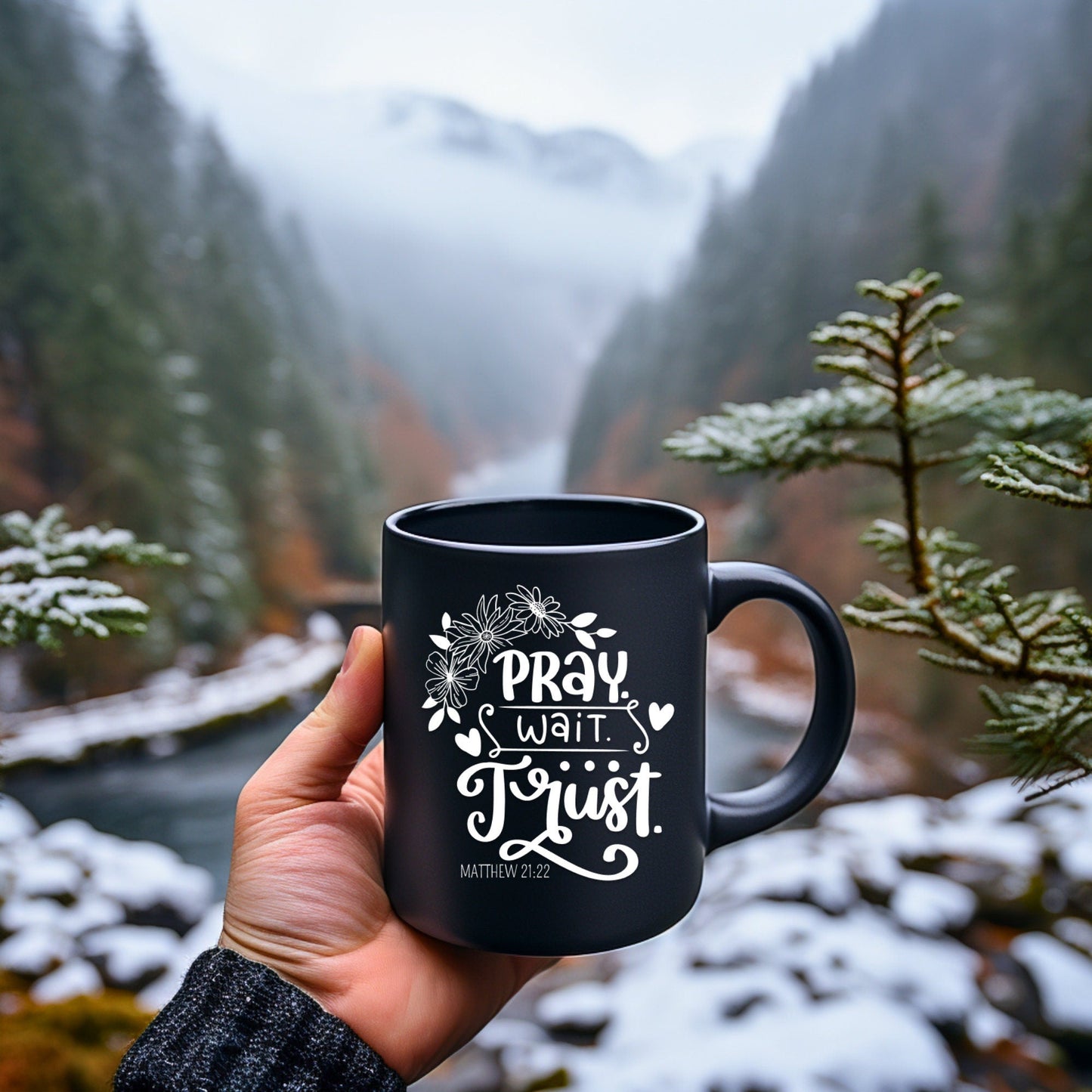 Pray Wait Trust Mug - Bible Verse Faith Coffee Mug - Christian Religious Gift for Him - Dad Mug with Affirmations - Supportive Baptism Gift - Raiden Gate Design