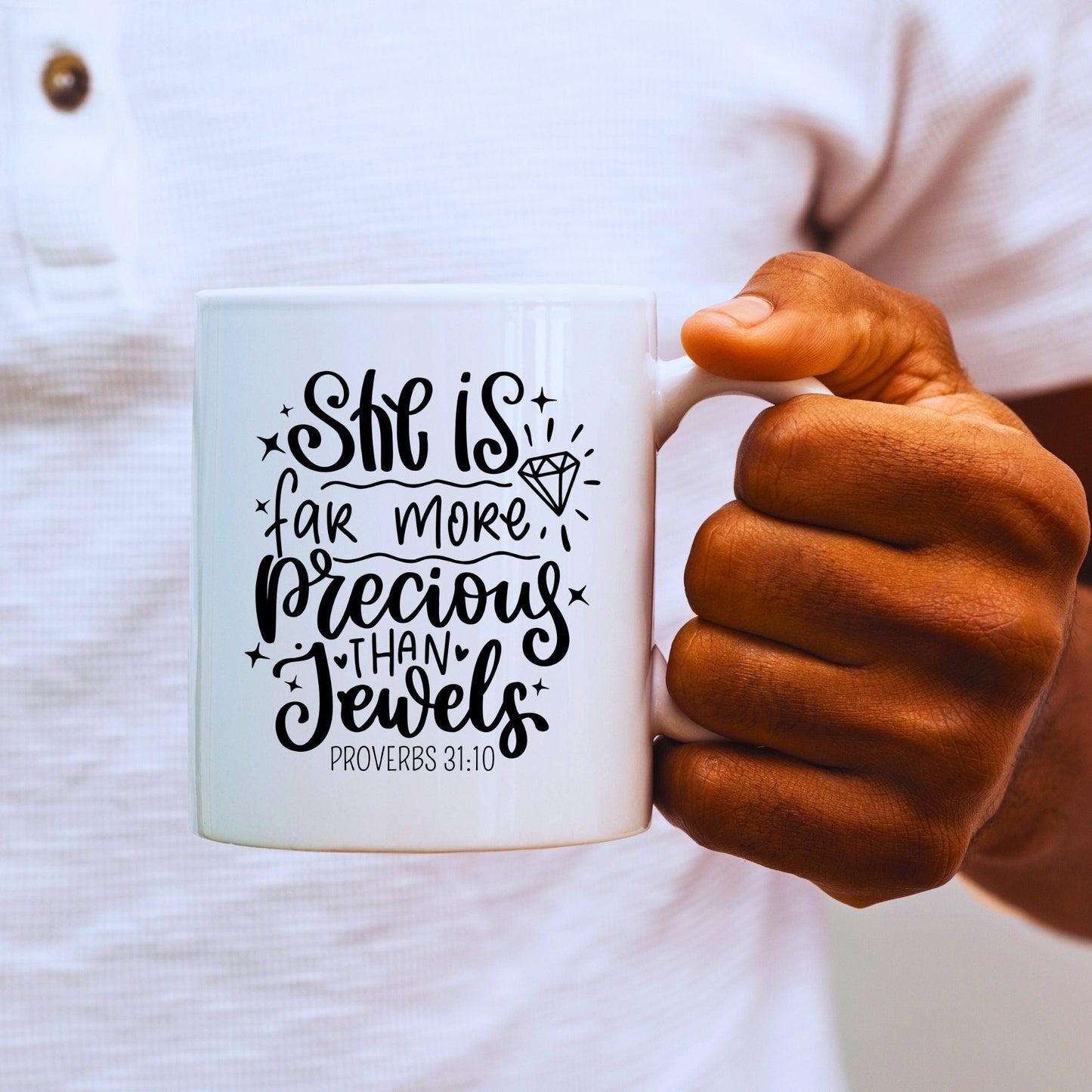She is far more precious than jewels - Bible Verse Faith Mug - Christian Religious - Dad Mug with Affirmations - Supportive Baptism Gift - Raiden Gate Design
