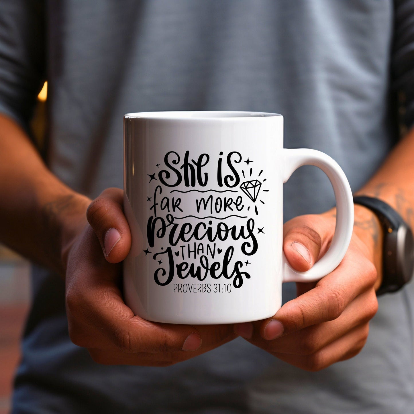 She is far more precious than jewels - Bible Verse Faith Mug - Christian Religious - Dad Mug with Affirmations - Supportive Baptism Gift - Raiden Gate Design