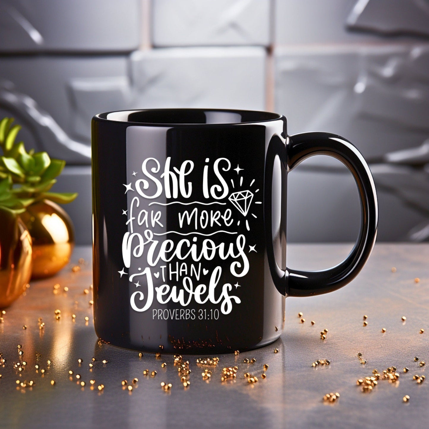 She is far more precious than jewels - Bible Verse Faith Mug - Christian Religious - Dad Mug with Affirmations - Supportive Baptism Gift - Raiden Gate Design