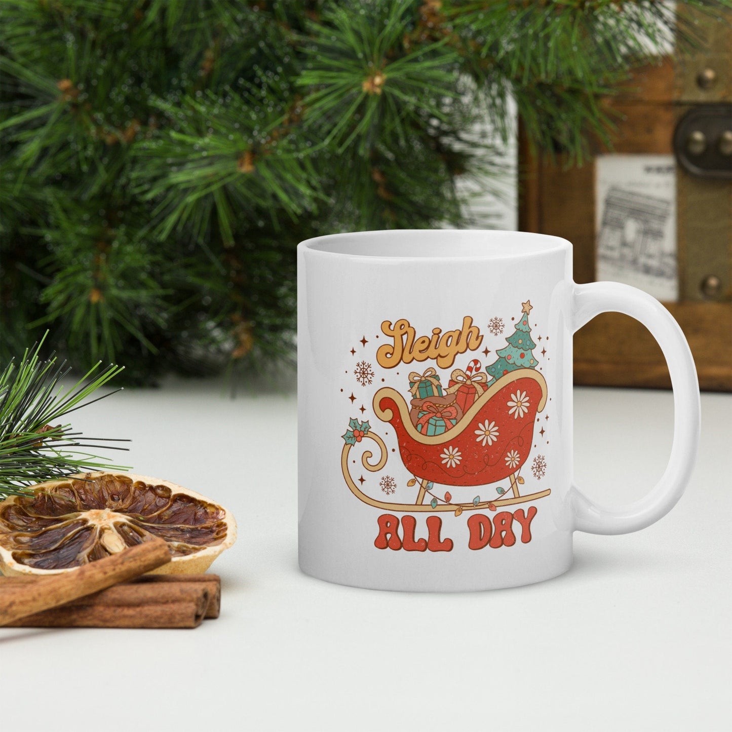 Sleigh All Day Vintage Christmas Coffee Mug | Funny Gnome Christmas Mug | Cute Christmas Season Mug for Kids - Raiden Gate Design