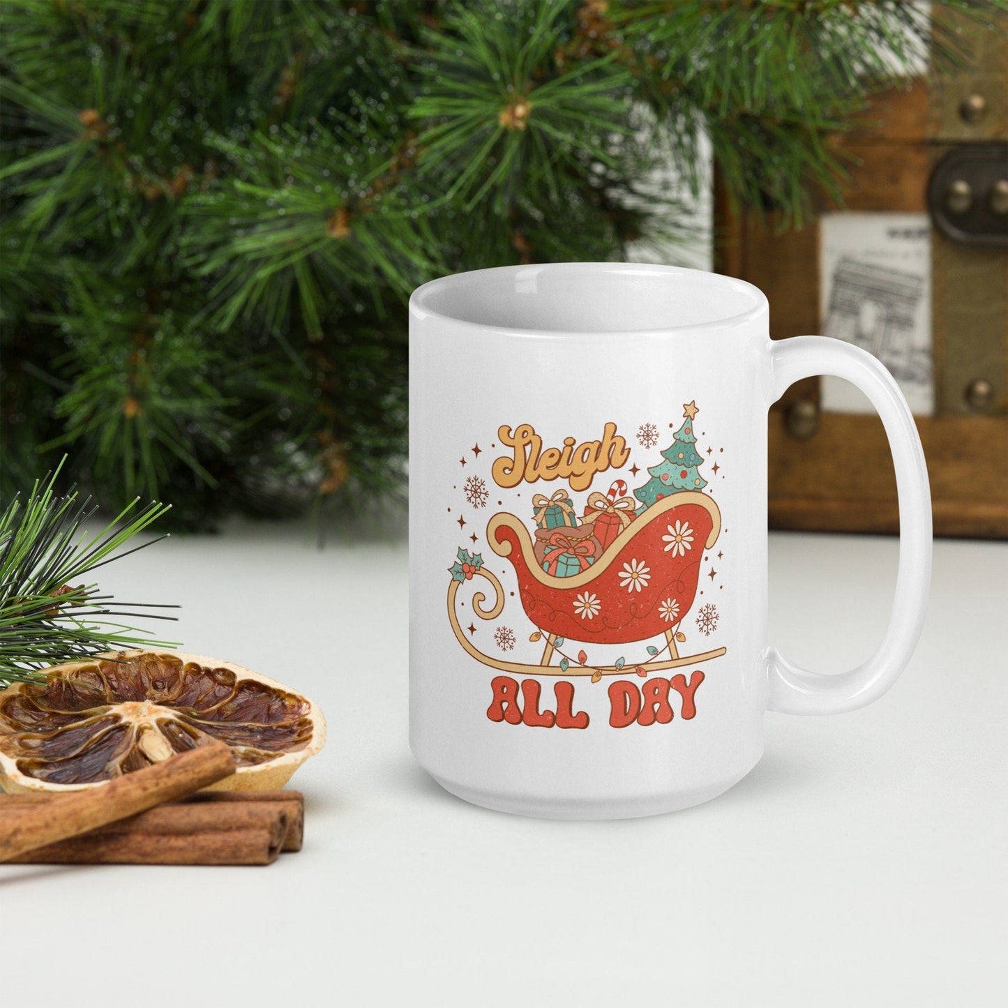 Sleigh All Day Vintage Christmas Coffee Mug | Funny Gnome Christmas Mug | Cute Christmas Season Mug for Kids - Raiden Gate Design