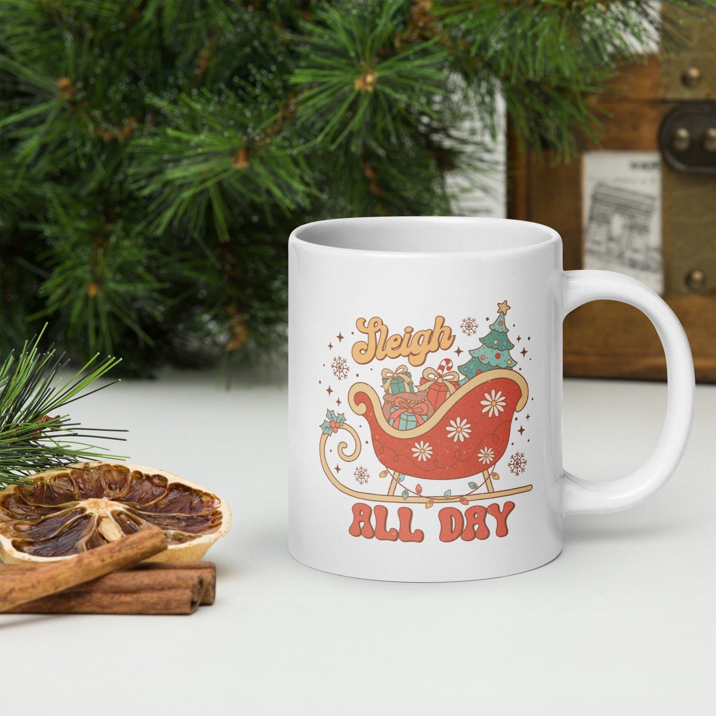 Sleigh All Day Vintage Christmas Coffee Mug | Funny Gnome Christmas Mug | Cute Christmas Season Mug for Kids - Raiden Gate Design