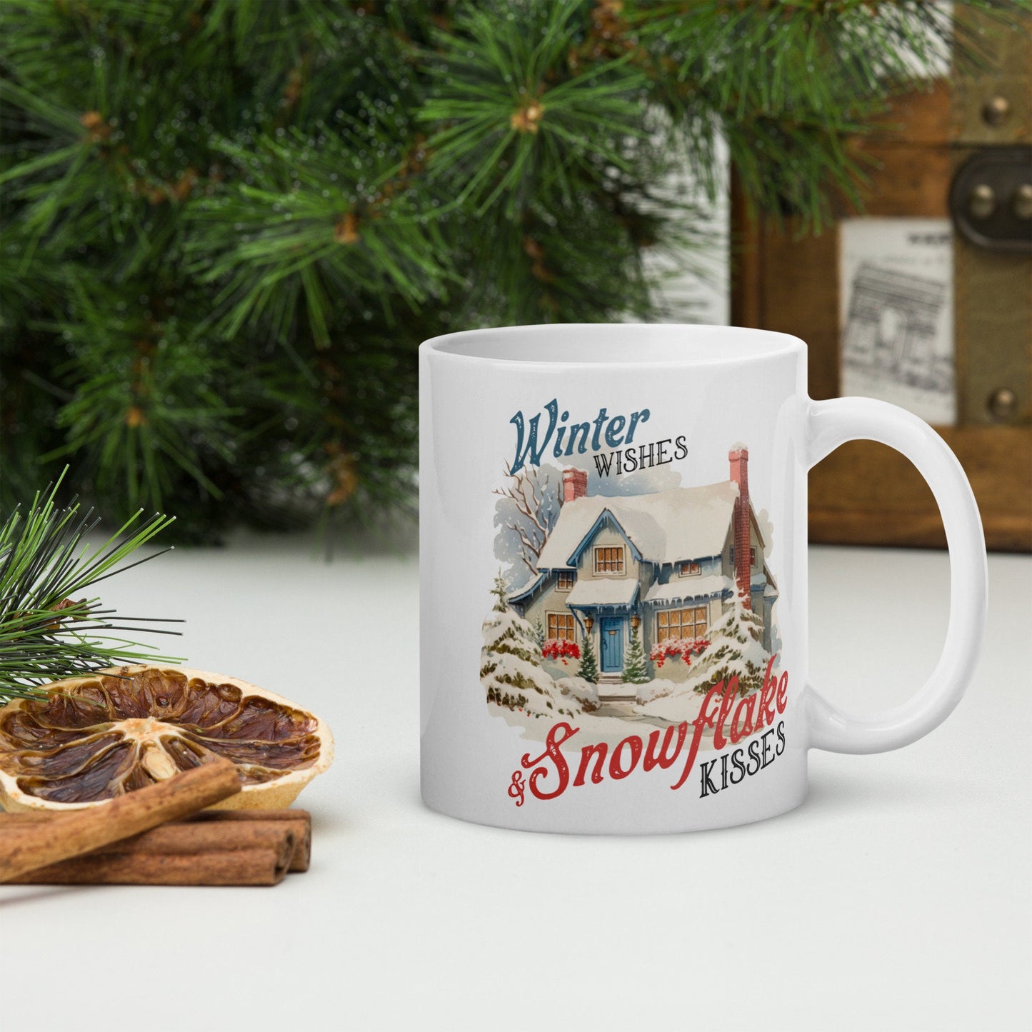 Winter Wishes Snowflake Kisses Vintage Christmas Coffee Mug | Funny Gnome Christmas Mug | Cute Christmas Season Mug for Kids - Raiden Gate Design