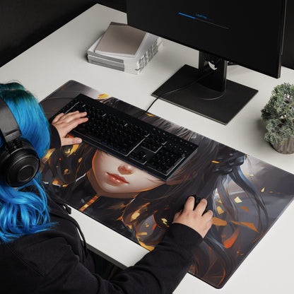 Black Hair Anime Girl with Golden Sparkles Gaming Mousepad | Desk Mat | Large Mouse Pad - Raiden Gate Design