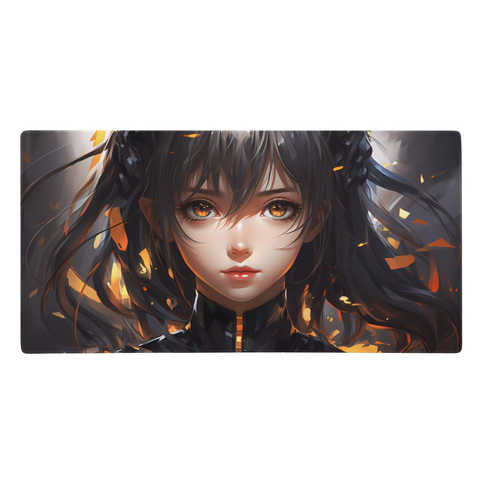 Black Hair Anime Girl with Golden Sparkles Gaming Mousepad | Desk Mat | Large Mouse Pad - Raiden Gate Design