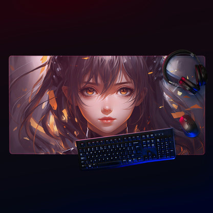 Black Hair Anime Girl with Golden Sparkles Gaming Mousepad | Desk Mat | Large Mouse Pad - Raiden Gate Design