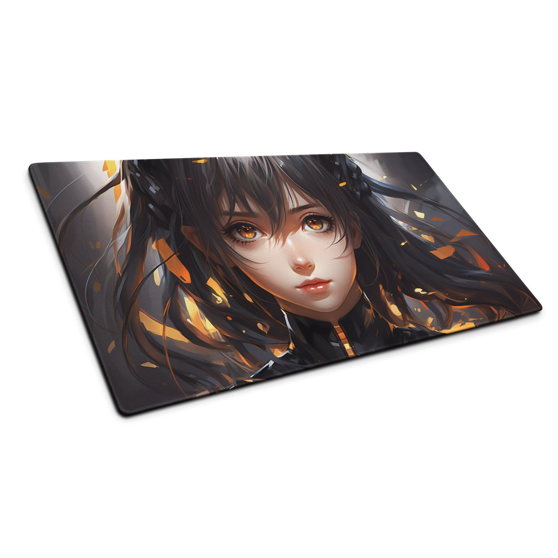 Black Hair Anime Girl with Golden Sparkles Gaming Mousepad | Desk Mat | Large Mouse Pad - Raiden Gate Design