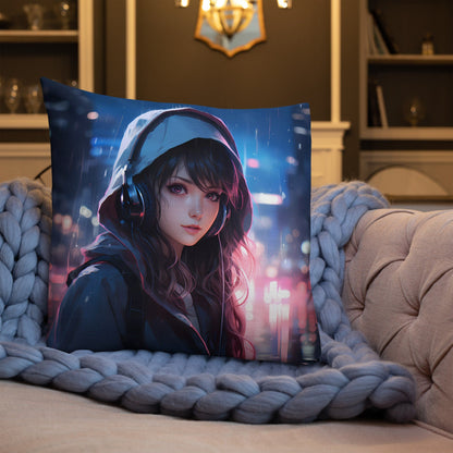 Black Hair Girl with Headphones | Anime Pillow | Kawaii Pillow | Decorative Pillow | Throw Pillow - Raiden Gate Design