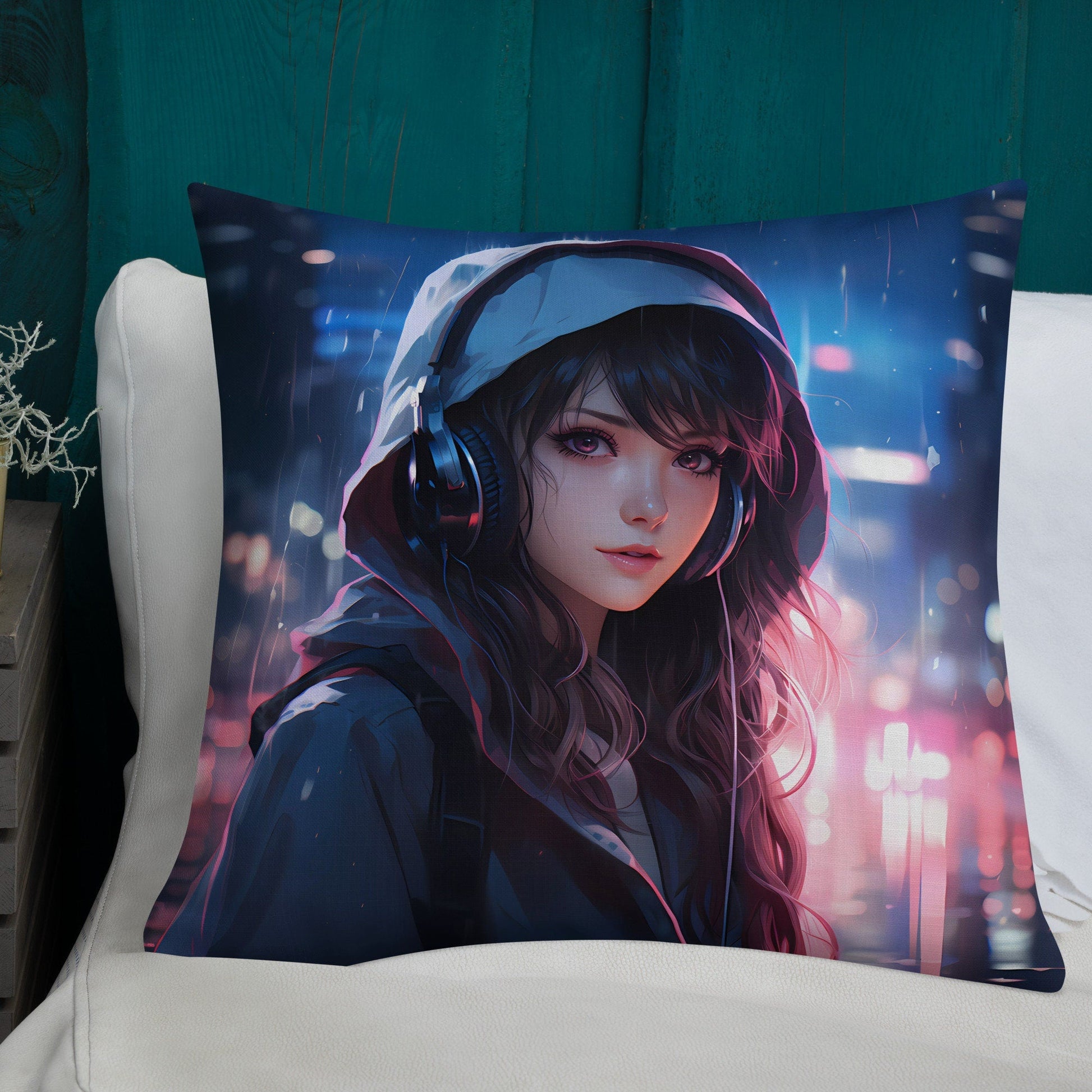 Black Hair Girl with Headphones | Anime Pillow | Kawaii Pillow | Decorative Pillow | Throw Pillow - Raiden Gate Design