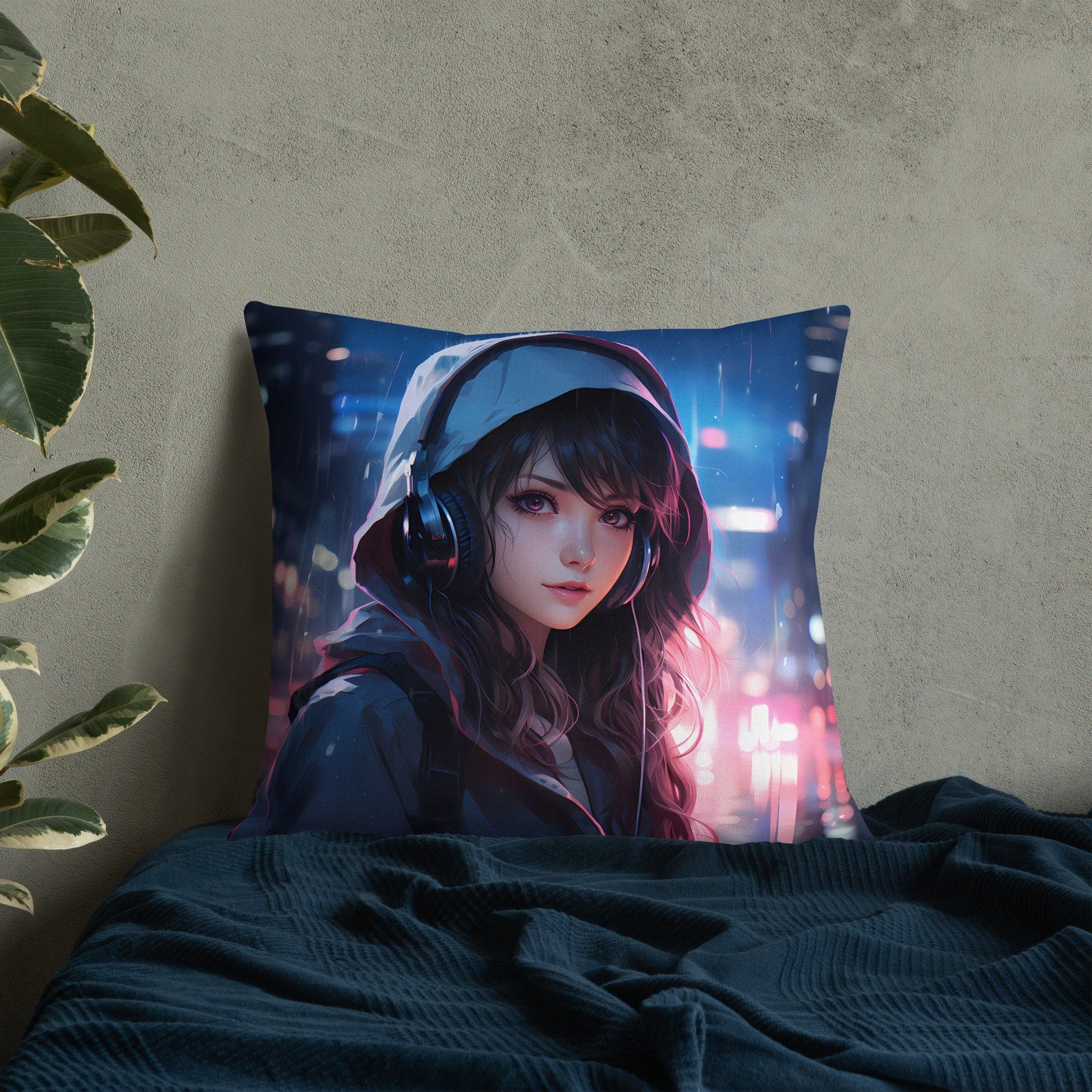 Black Hair Girl with Headphones | Anime Pillow | Kawaii Pillow | Decorative Pillow | Throw Pillow - Raiden Gate Design