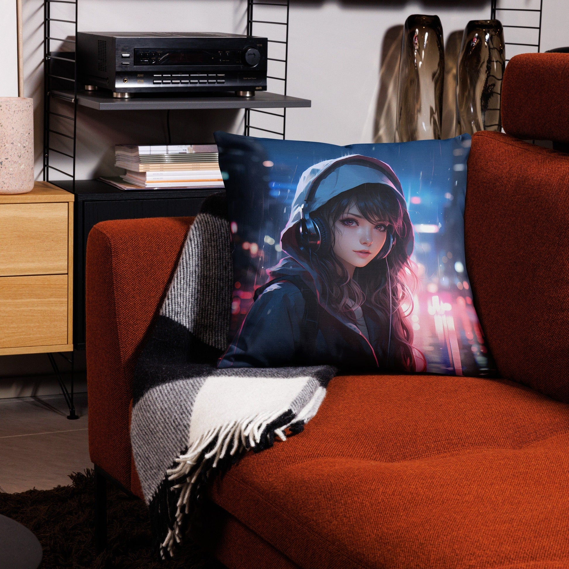 Black Hair Girl with Headphones | Anime Pillow | Kawaii Pillow | Decorative Pillow | Throw Pillow - Raiden Gate Design