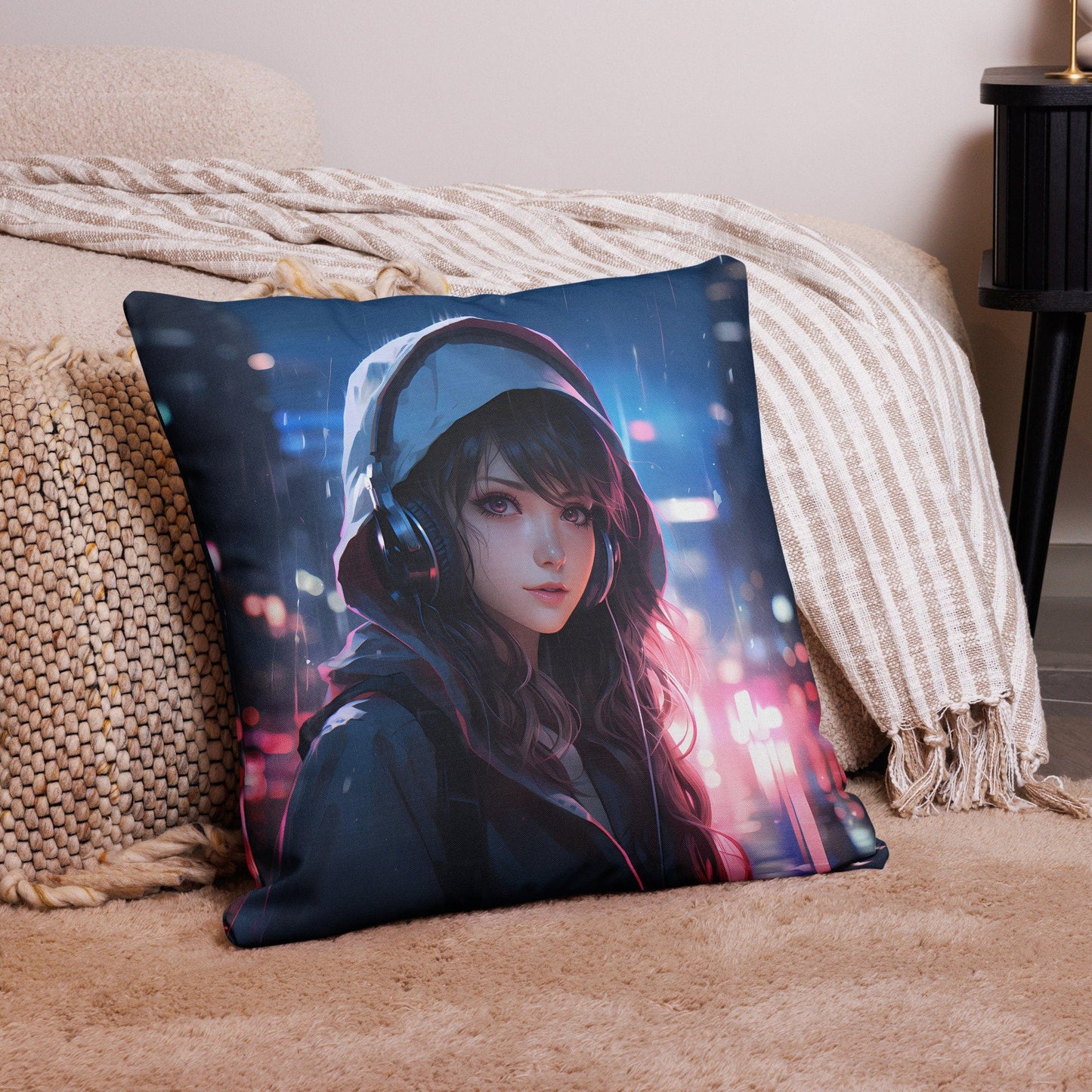 Black Hair Girl with Headphones | Anime Pillow | Kawaii Pillow | Decorative Pillow | Throw Pillow - Raiden Gate Design