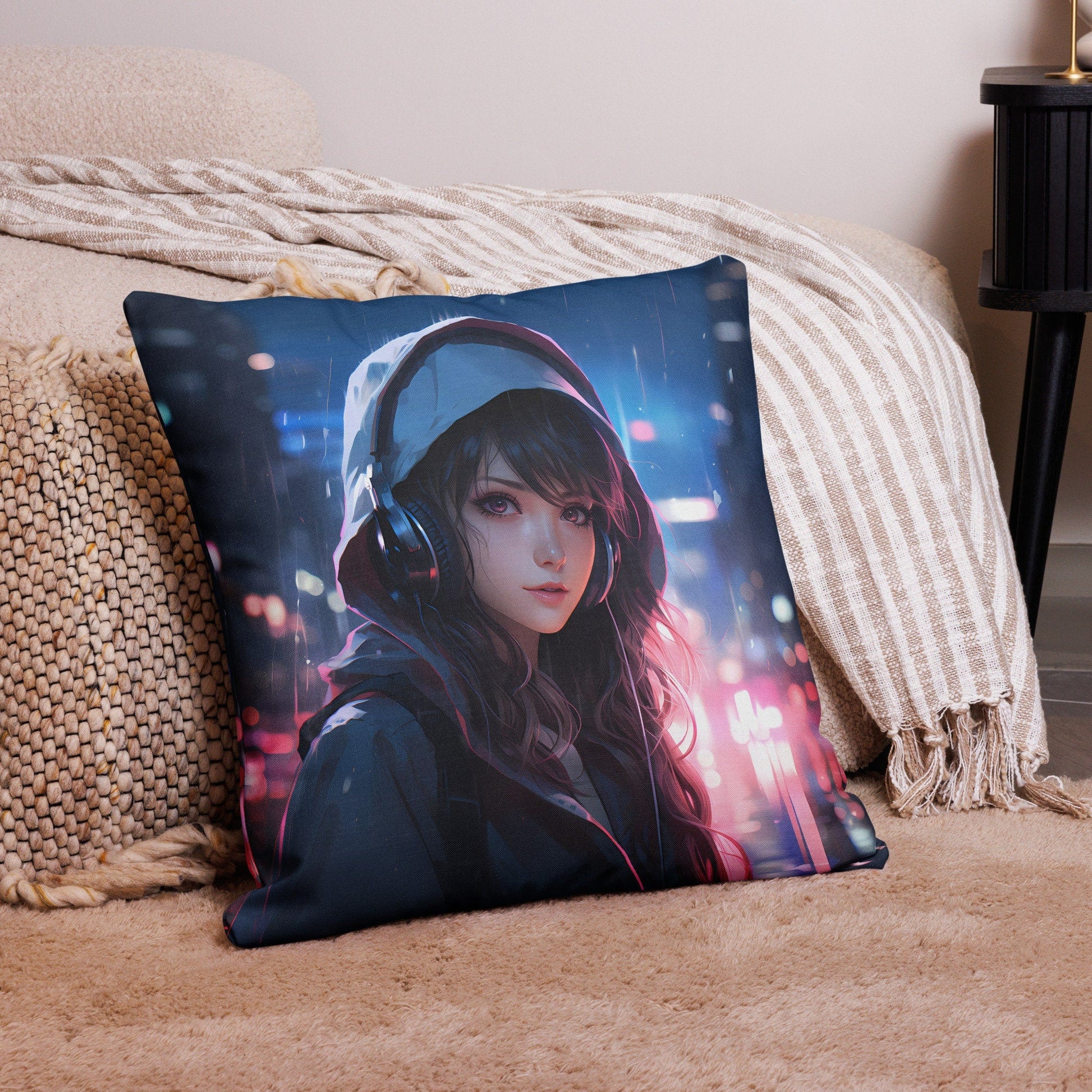 Black Hair Girl with Headphones | Anime Pillow | Kawaii Pillow | Decorative Pillow | Throw Pillow - Raiden Gate Design