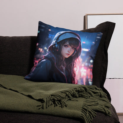 Black Hair Girl with Headphones | Anime Pillow | Kawaii Pillow | Decorative Pillow | Throw Pillow - Raiden Gate Design