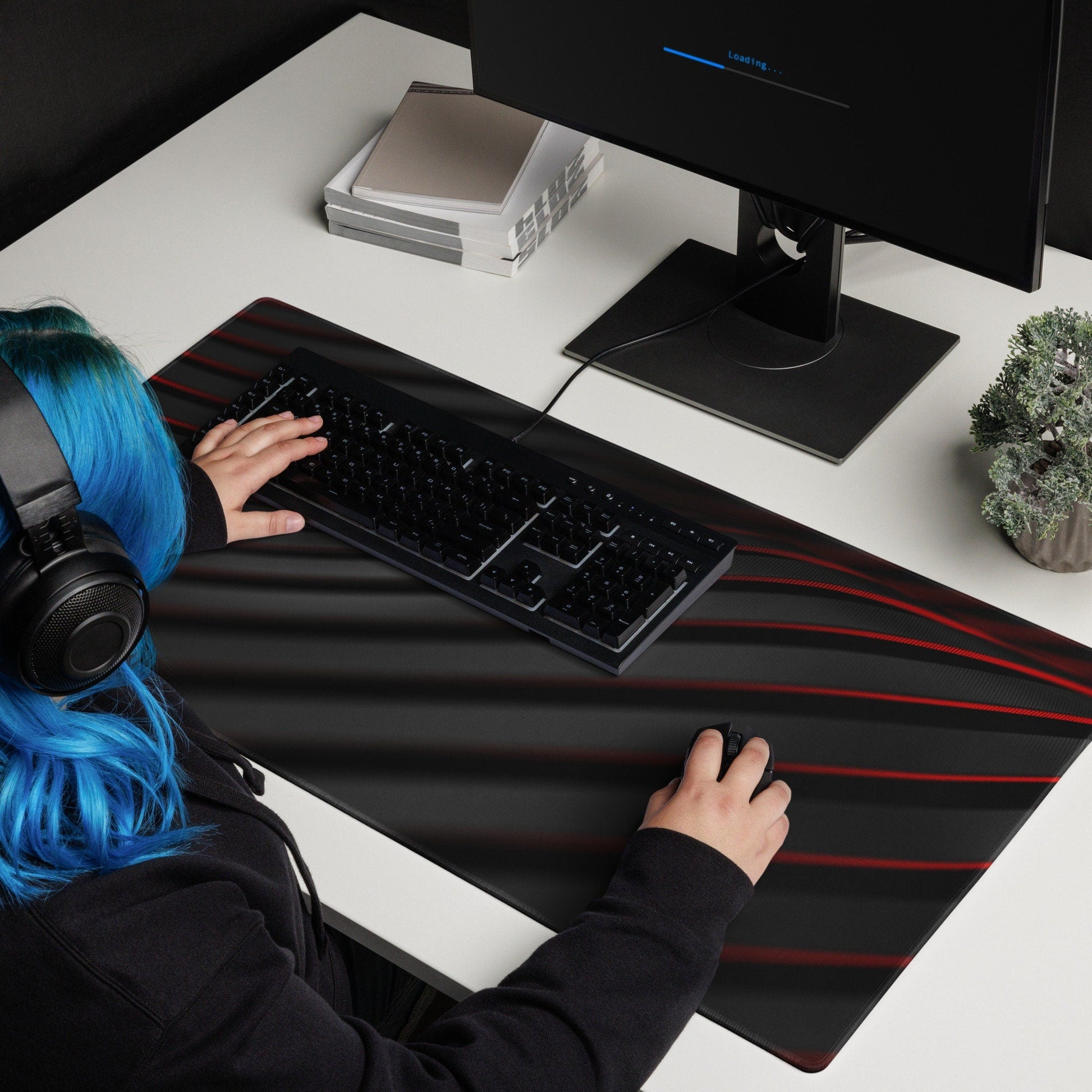 Black Red Waves Gaming Mousepad | Desk Mat | Gamer Gift | Desk Accessories | Large Mouse Pad - Raiden Gate Design