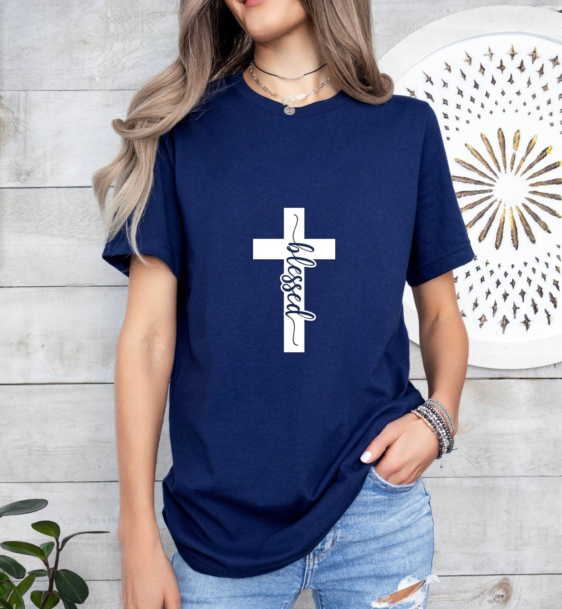 Blessed Cross Catholic Boho Church Shirt with Inspirational Bible Verse - Jesus Faith Religious - Raiden Gate Design
