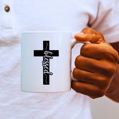 Blessed Cross (solid) - Bible Verse Faith Mug - Christian Religious Gift for Him - Dad Mug with Affirmations - Supportive Baptism Gift - Raiden Gate Design