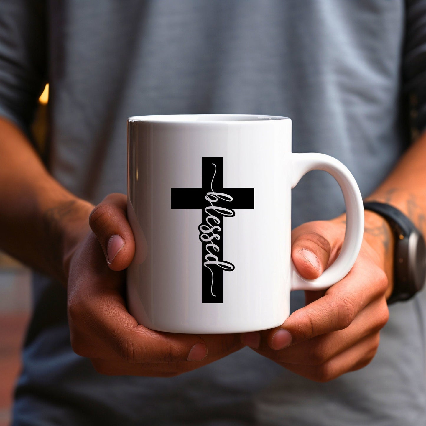 Blessed Cross (solid) - Bible Verse Faith Mug - Christian Religious Gift for Him - Dad Mug with Affirmations - Supportive Baptism Gift - Raiden Gate Design