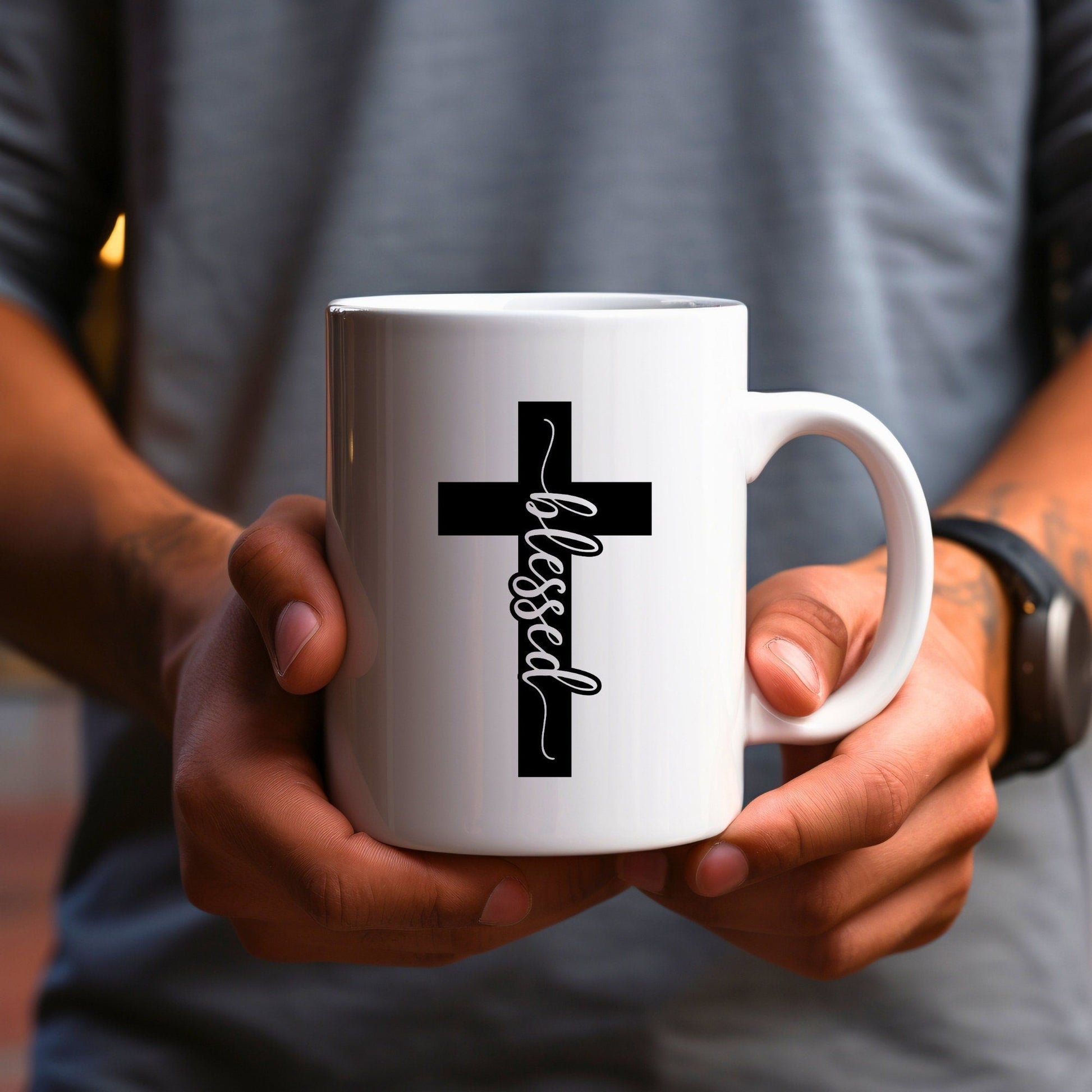Blessed Cross (solid) - Bible Verse Faith Mug - Christian Religious Gift for Him - Dad Mug with Affirmations - Supportive Baptism Gift - Raiden Gate Design