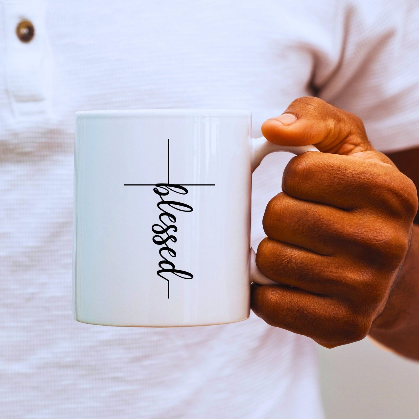 Blessed Cross (thin) - Bible Verse Faith Coffee Mug - Christian Religious Gift for Him - Dad Mug with Affirmations - Supportive Baptism Gift - Raiden Gate Design