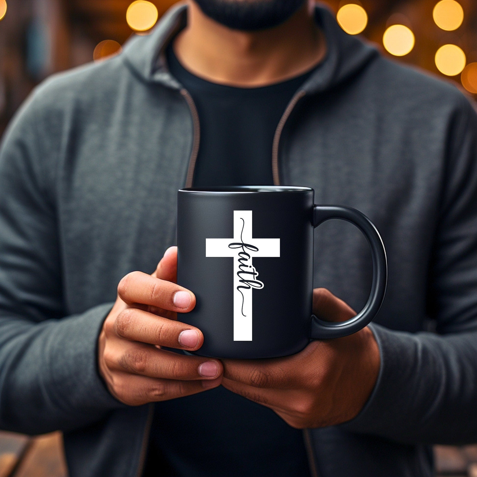 Faith Cross (sollid) - Bible Verse Faith Coffee Mug - Christian Religious Gift for Him - Dad Mug with Affirmations - Supportive Baptism Gift - Raiden Gate Design