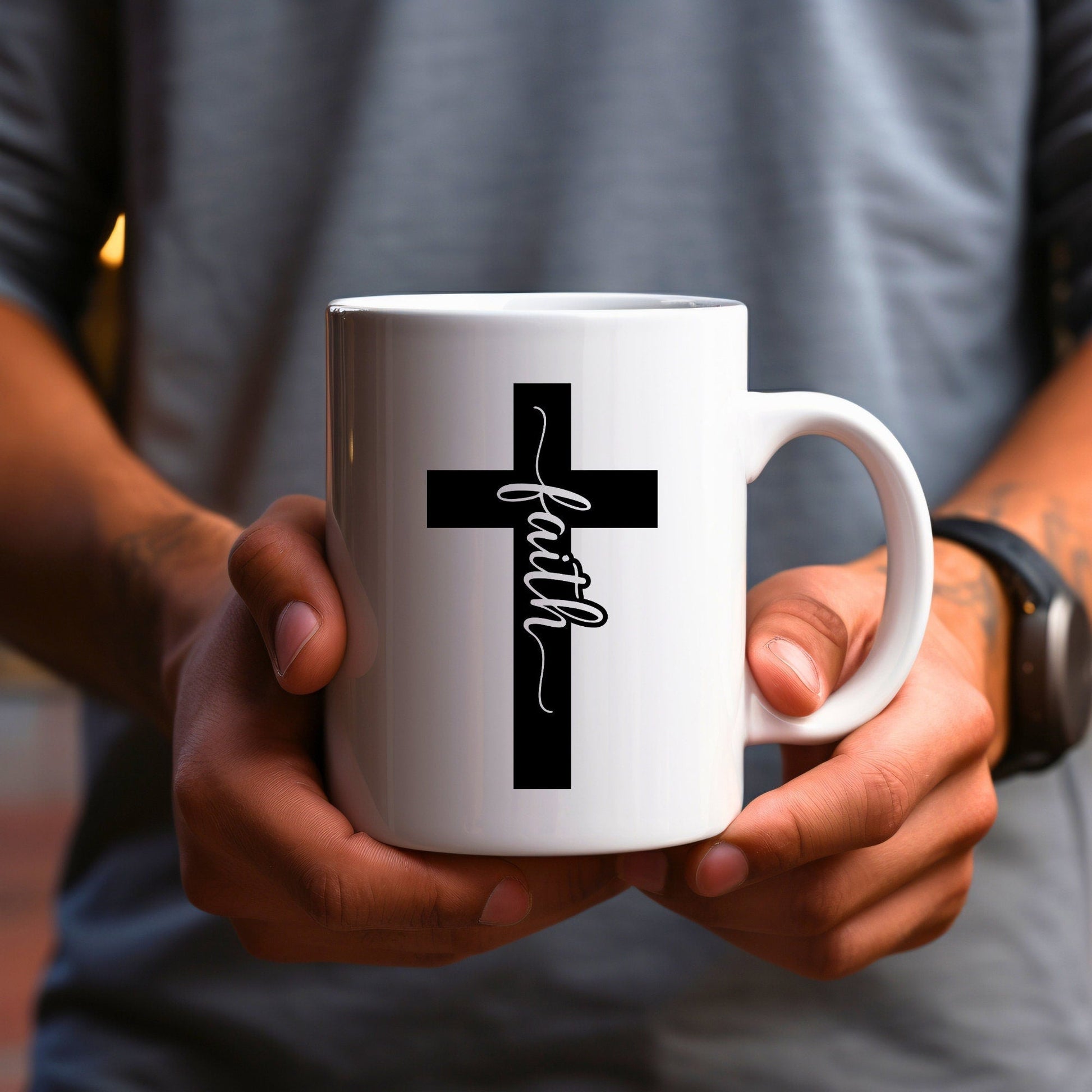 Faith Cross (sollid) - Bible Verse Faith Coffee Mug - Christian Religious Gift for Him - Dad Mug with Affirmations - Supportive Baptism Gift - Raiden Gate Design